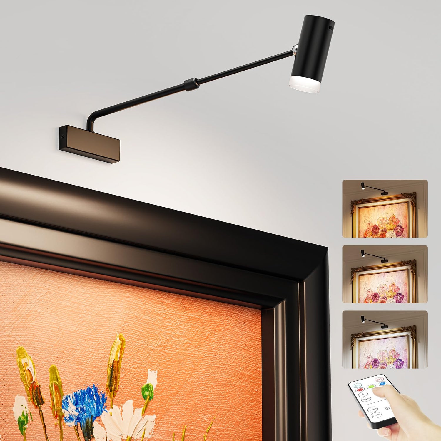 HUDYOGY Rechargeable Picture Light with Remote Control, Adjustable Wall Sconce, 4000mAh Battery, Dimmable LED Art Light for Gallery, Bedroom & Bathroom
