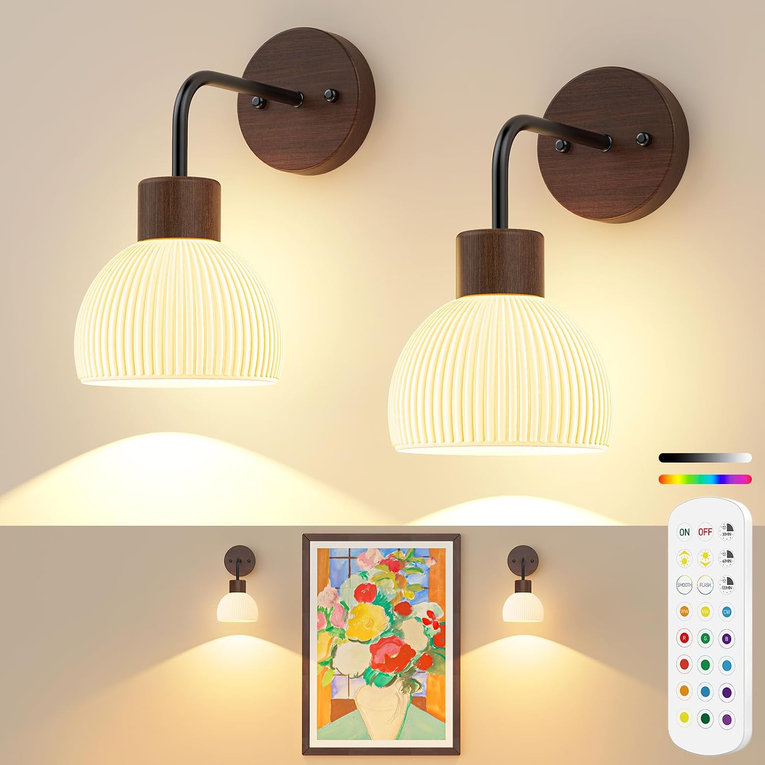 Glass Battery Operated Wall Sconces Set of 2, Rechargeable Wall Lamp with Remote, 12 Colors Dimmable Wireless Sconces Wall Decor Set of 2 with Timer for Bedroom Living Room (Walnut, 2 Pack)