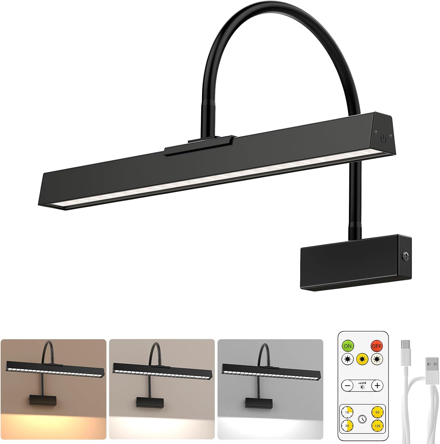 Picture Frame Light with Remote, Wireless 16 Inch Black Art Light, Battery Operated Picture Light with 3 CCT, Dimmable and Timer Wall Picture Lights for Painting, Wall, Gallery, Artwork, Frame