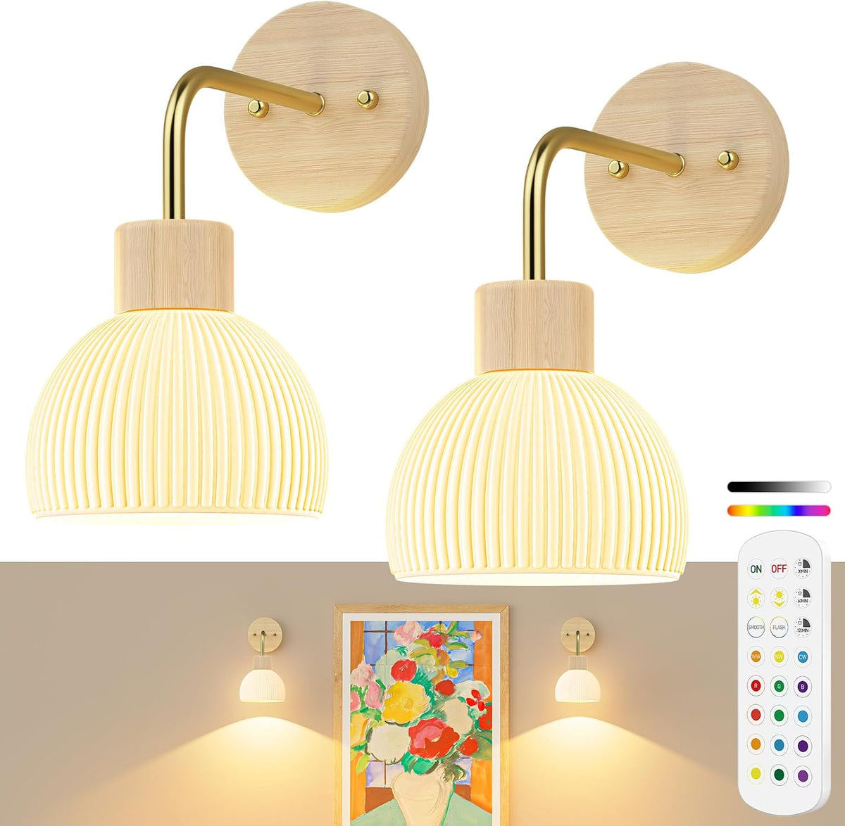 Glass Battery Operated Wall Sconces Set of 2, Rechargeable Wall Lamp with Remote, 12 Colors Dimmable Wireless Sconces Wall Decor Set of 2 with Timer for Bedroom Living Room (Beech, 2 Pack)