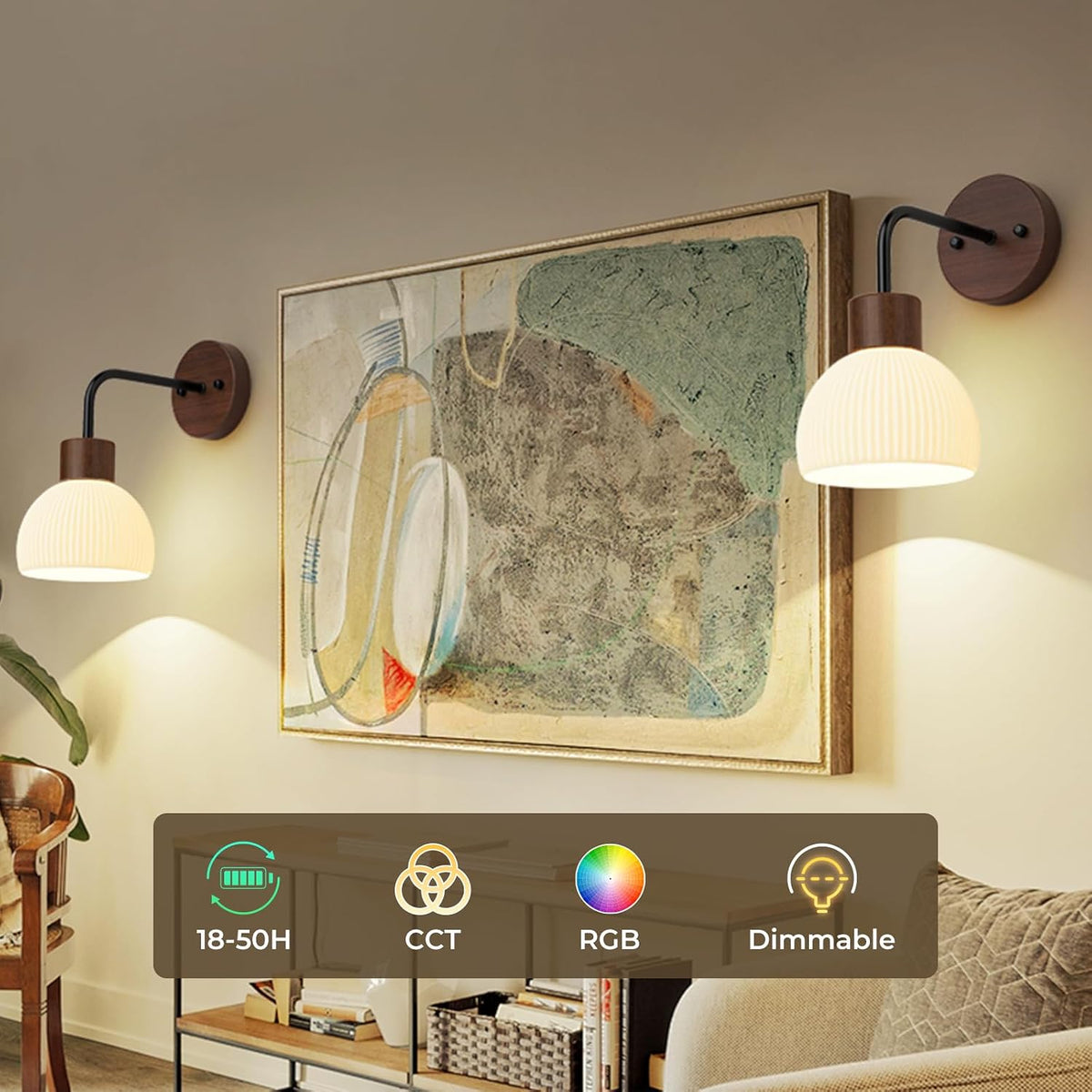 Glass Battery Operated Wall Sconces Set of 2, Rechargeable Wall Lamp with Remote, 12 Colors Dimmable Wireless Sconces Wall Decor Set of 2 with Timer for Bedroom Living Room (Walnut, 2 Pack)