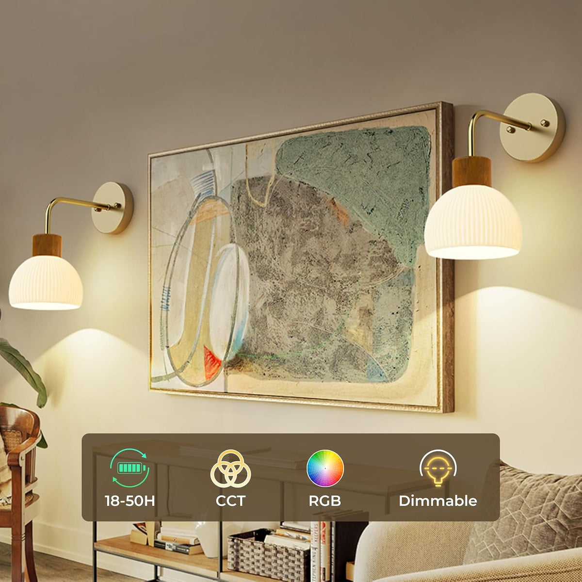 Glass Battery Operated Wall Sconces Set of 2, Rechargeable Wall Lamp with Remote, 12 Colors Dimmable Wireless Sconces Wall Decor Set of 2 with Timer for Bedroom Living Room (Gold, 2 Pack)