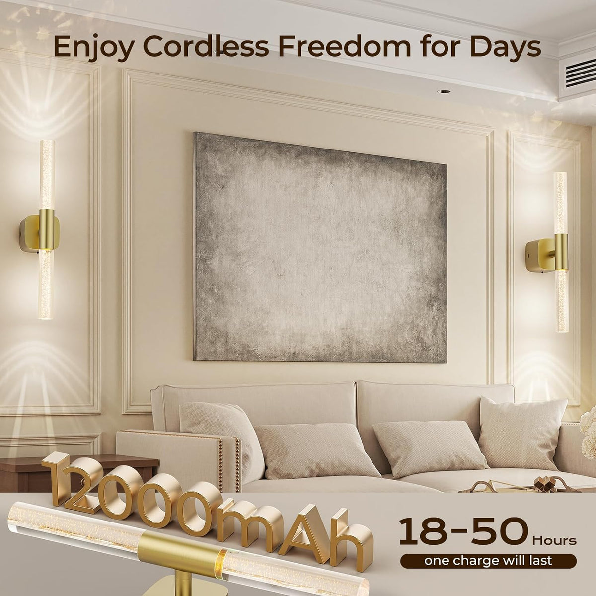 Rechargeable Wall Light in Brushed Gold, beside large wall art in a living room – HUDYOGY