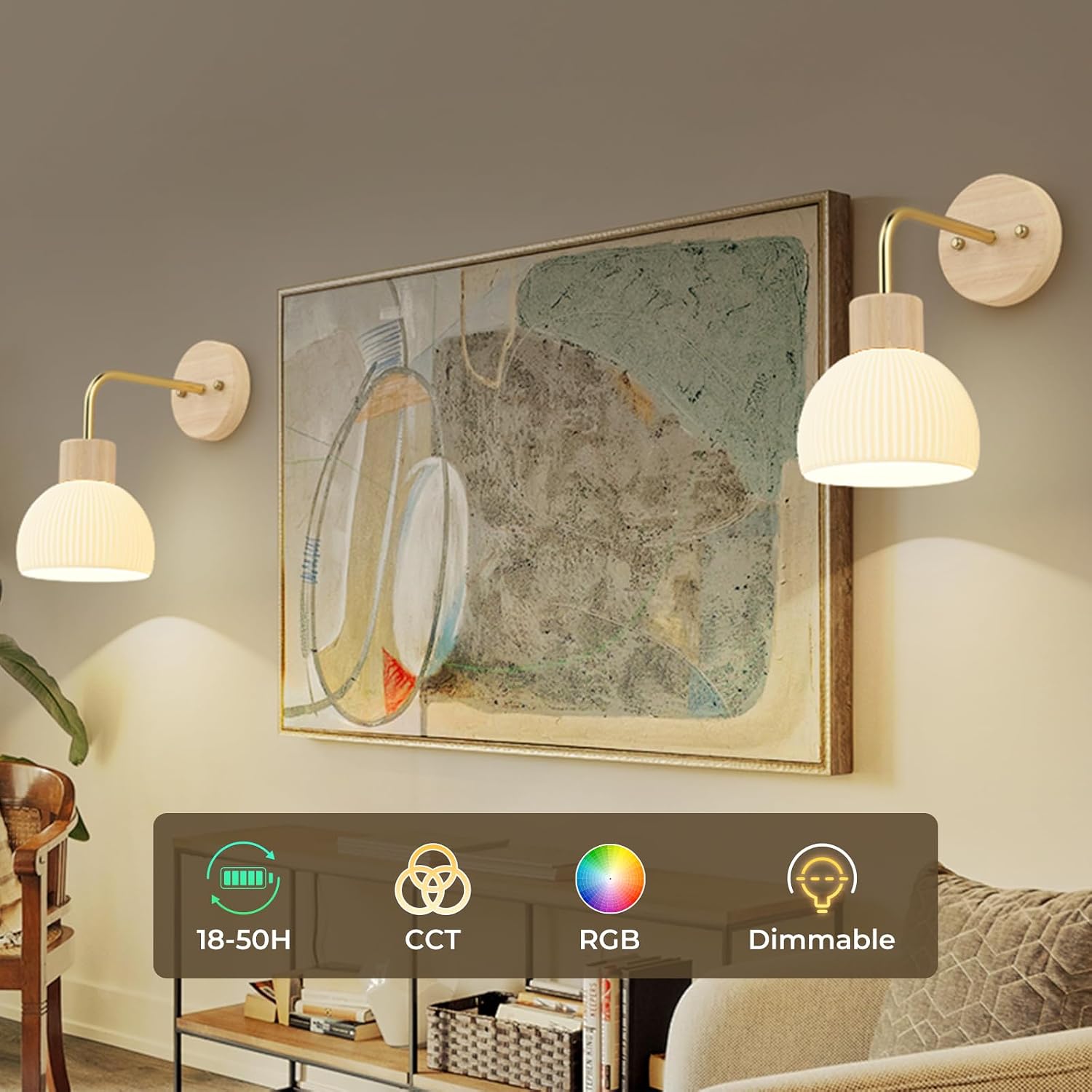 Glass Battery Operated Wall Sconces Set of 2, Rechargeable Wall Lamp with Remote, 12 Colors Dimmable Wireless Sconces Wall Decor Set of 2 with Timer for Bedroom Living Room (Beech, 2 Pack)