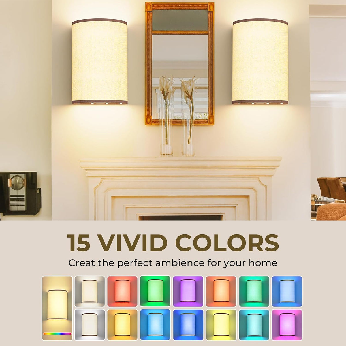 Rechargeable Cream Fabric Wall Light, either side of a mantel mirror – HUDYOGY