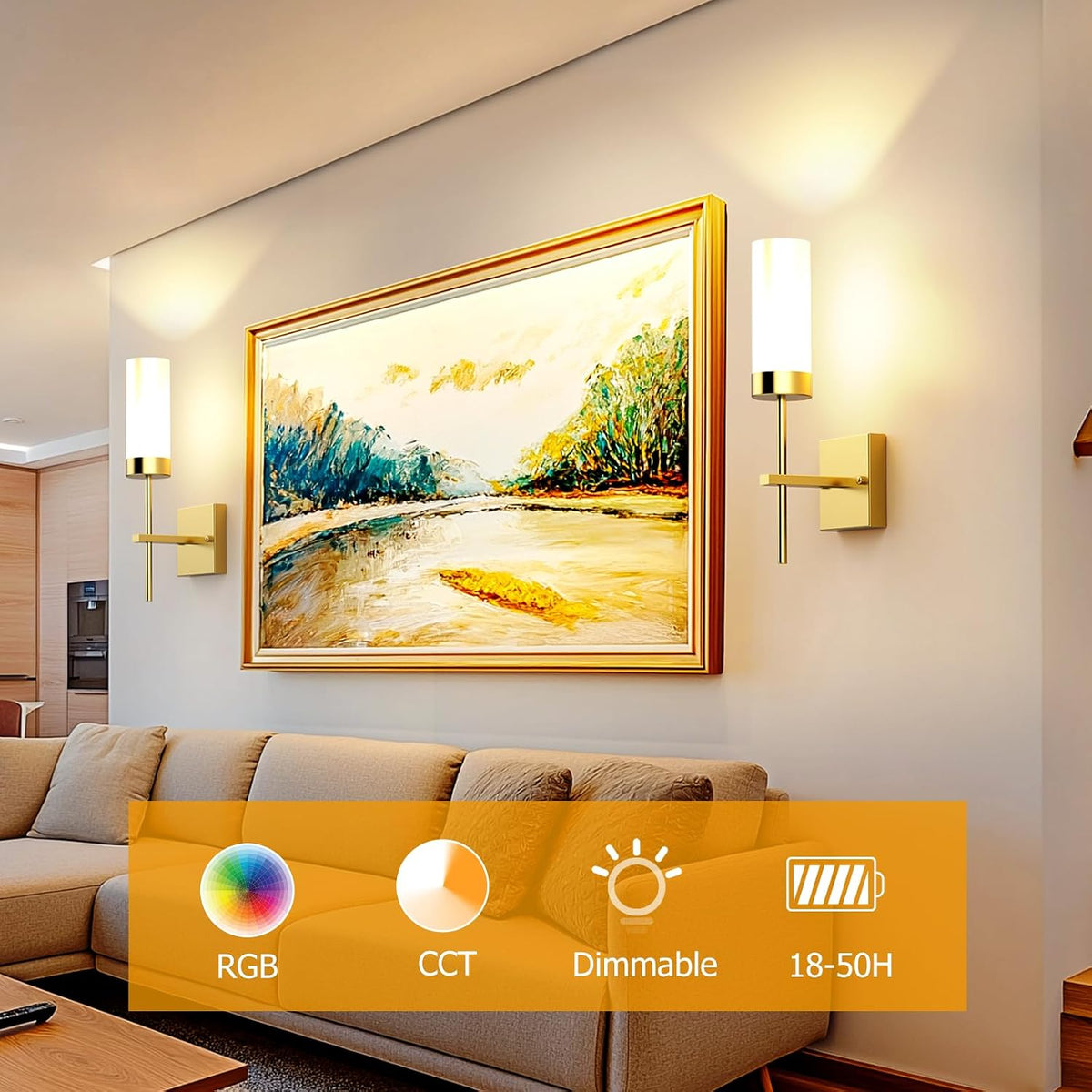 Rechargeable Wall Lamp in Gold with RGB color changing and dimmable CCT lighting – HUDYOGY, image 2