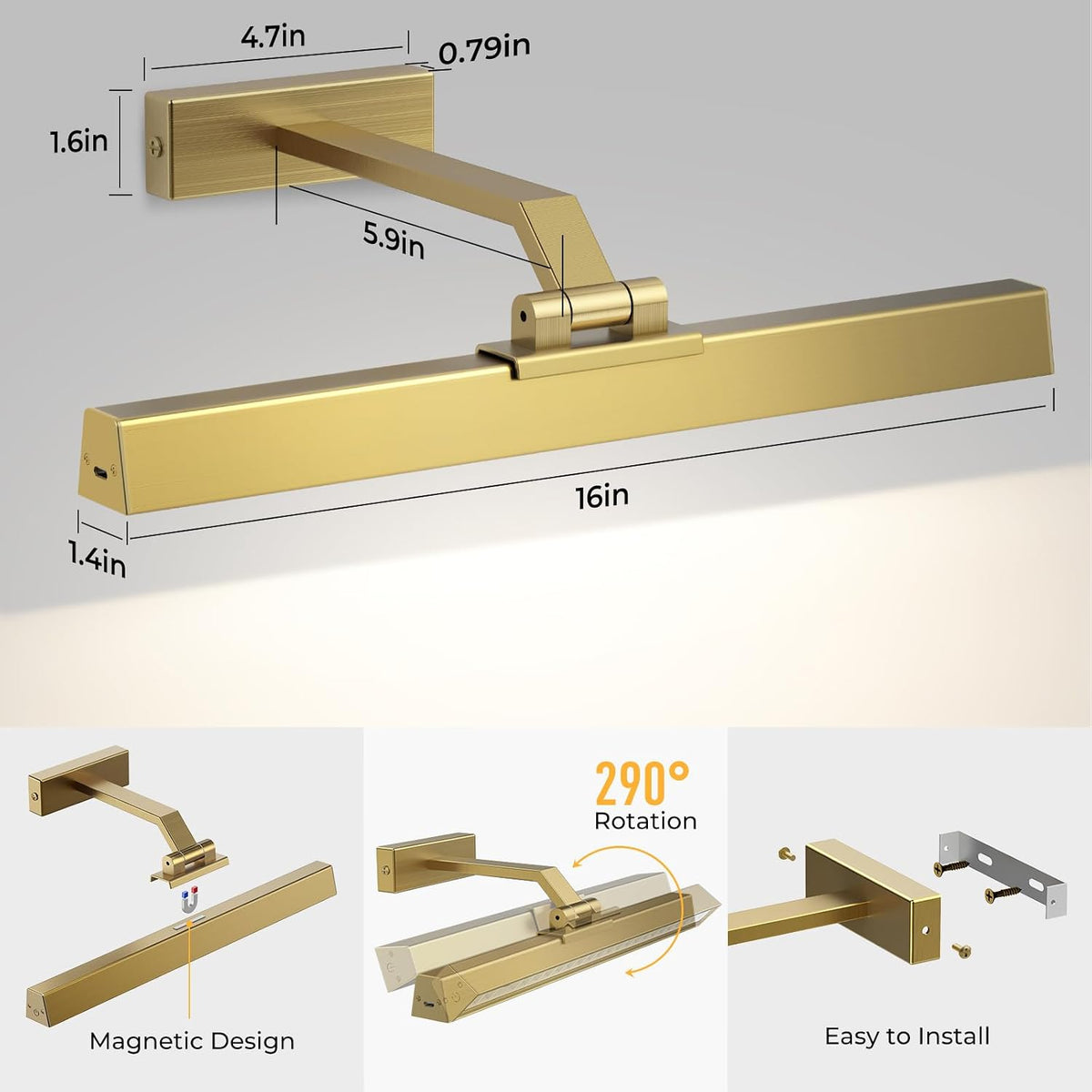 16in Battery Operated Picture Light in Brushed Gold with dimmable CCT lighting and remote control – HUDYOGY, image 3