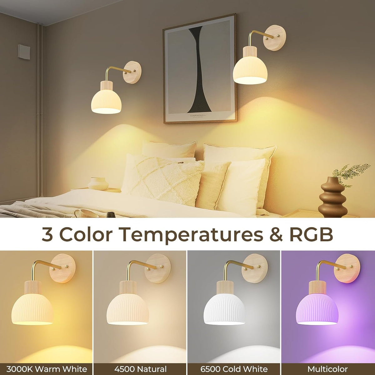 Glass Battery Operated Wall Sconces Set of 2, Rechargeable Wall Lamp with Remote, 12 Colors Dimmable Wireless Sconces Wall Decor Set of 2 with Timer for Bedroom Living Room (Beech, 2 Pack)