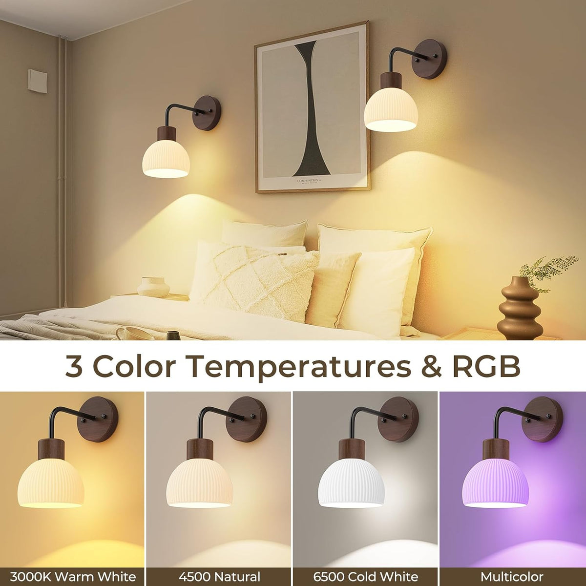 Glass Battery Operated Wall Sconces Set of 2, Rechargeable Wall Lamp with Remote, 12 Colors Dimmable Wireless Sconces Wall Decor Set of 2 with Timer for Bedroom Living Room (Walnut, 2 Pack)