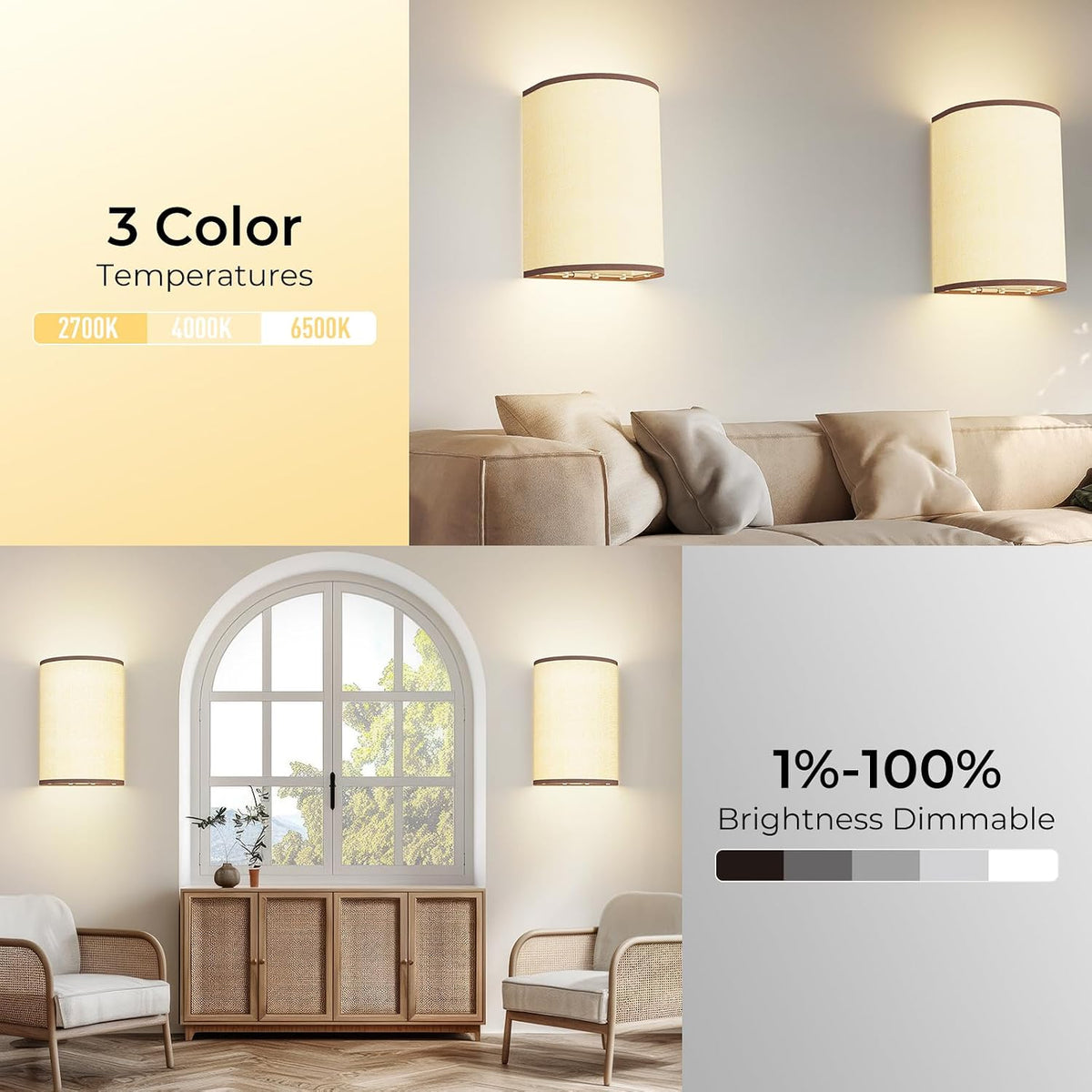 Rechargeable Cream Fabric Wall Light, beside a sofa, dimmable 1% to 100% – HUDYOGY