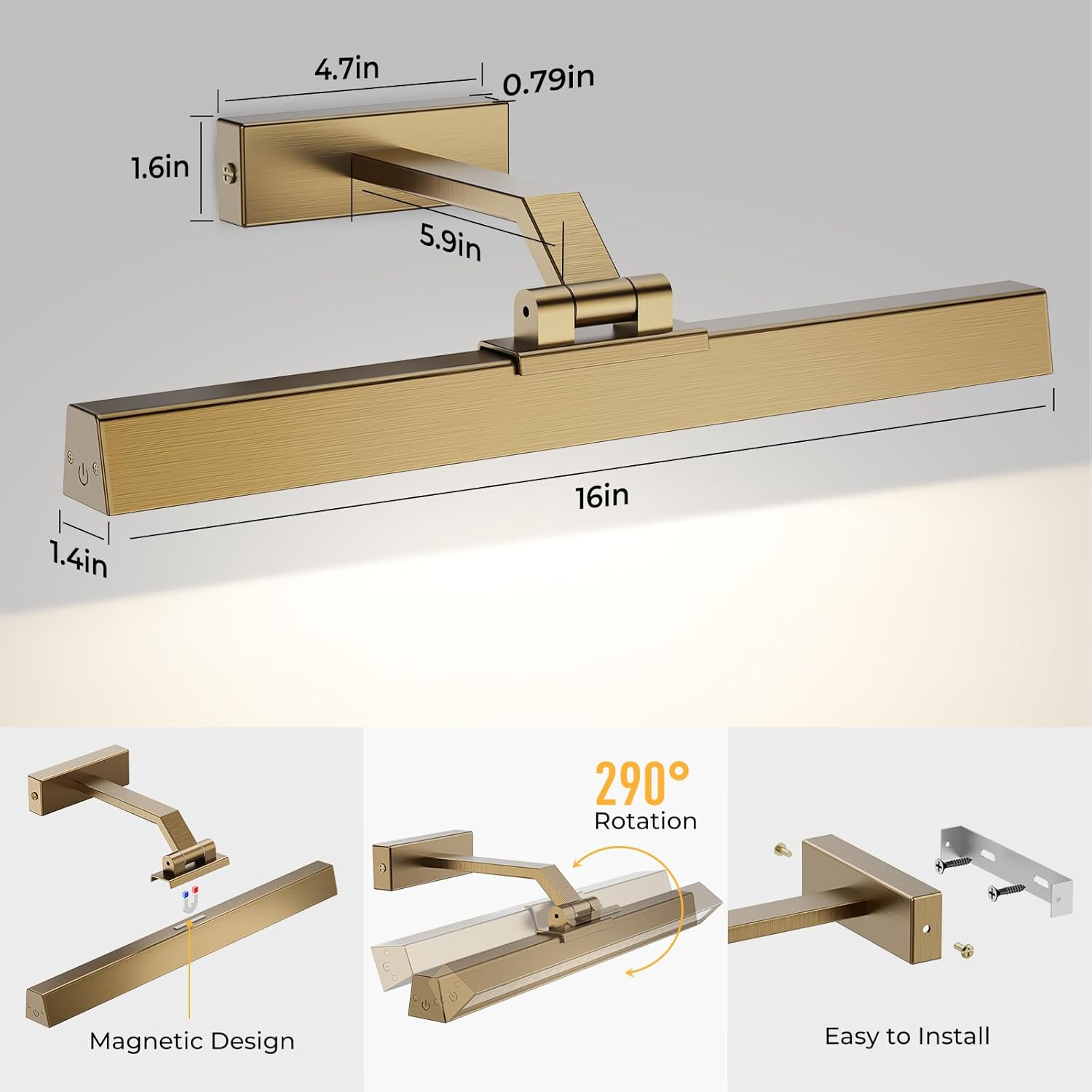 Picture Lights for Wall, Brass Battery Operated Picture Light 16in Art Light CCT Dimmable Recharging Battery Wall Light with Remote Control for Living Room Gallery