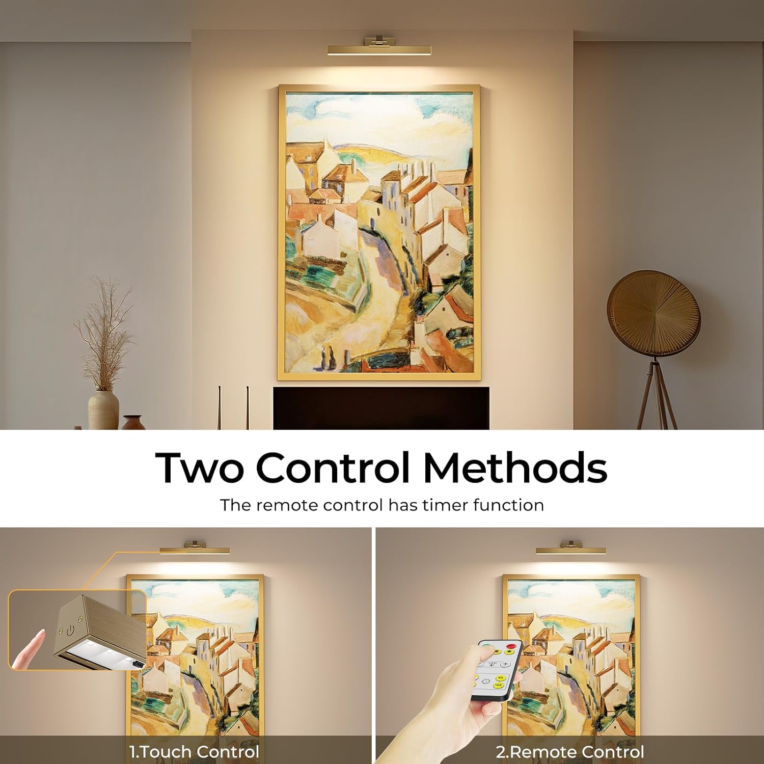 Picture Lights for Wall, Brass Battery Operated Picture Light 16in Art Light CCT Dimmable Recharging Battery Wall Light with Remote Control for Living Room Gallery