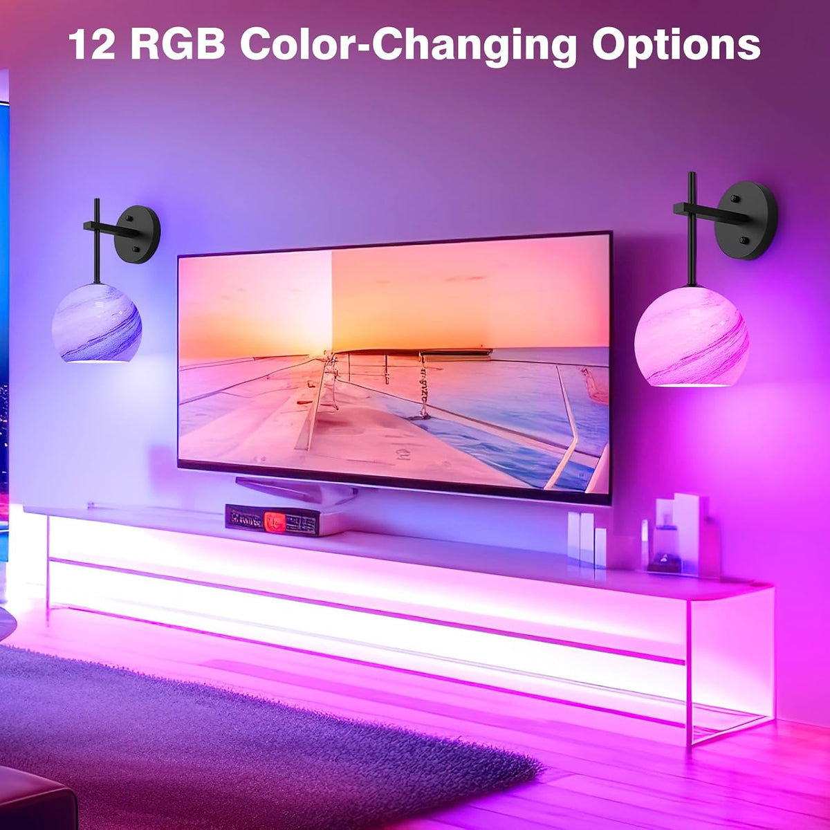 Rechargeable Planetary Ring Glass Wall Light, on a media wall with RGB light – HUDYOGY