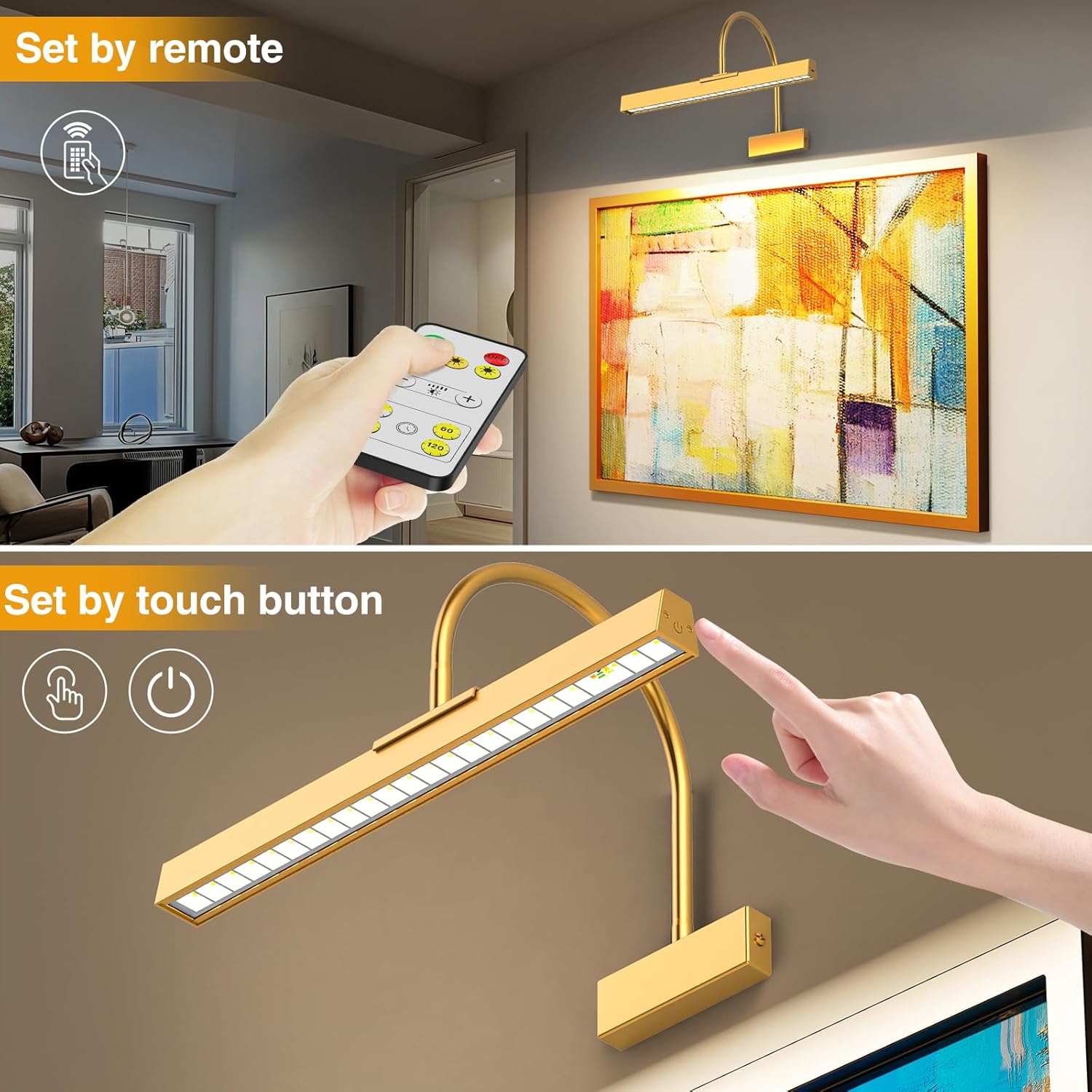 Picture Frame Light with Remote, Wireless 16 Inch Gold Art Light, Battery Picture Light with 3 CCT, Dimmable and Timer Wall Picture Lights for Painting, Wall, Gallery, Artwork, Frame