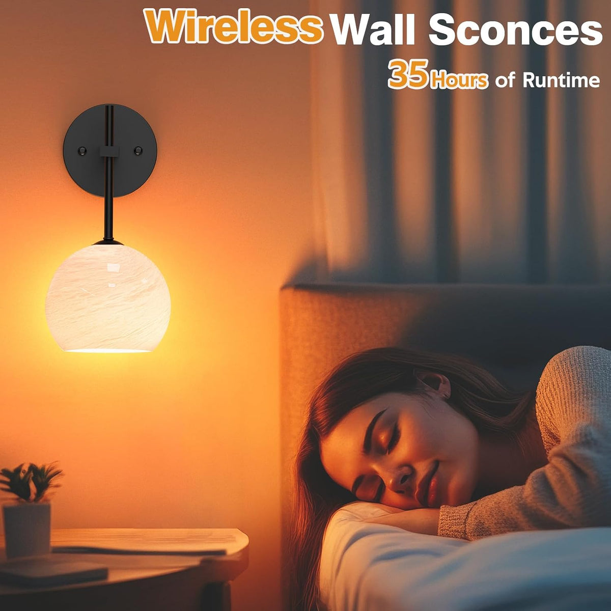 Rechargeable Filament Glass Wall Lamp, beside a bed in warm white light – HUDYOGY