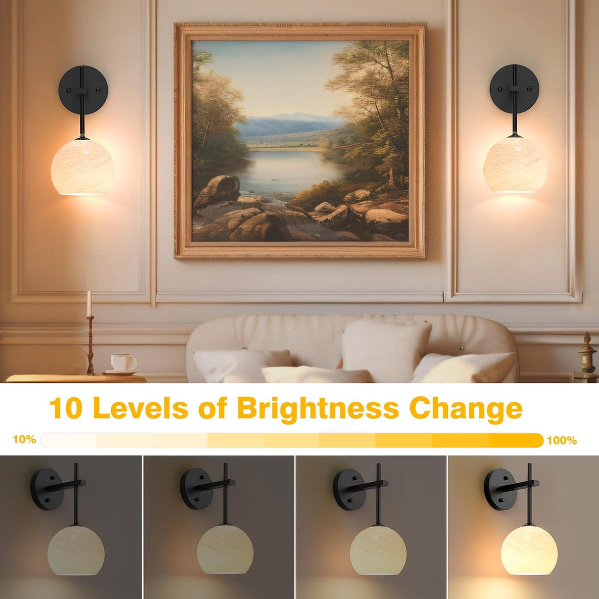 Rechargeable Filament Glass Wall Lamp, above a sofa, 10 brightness levels – HUDYOGY