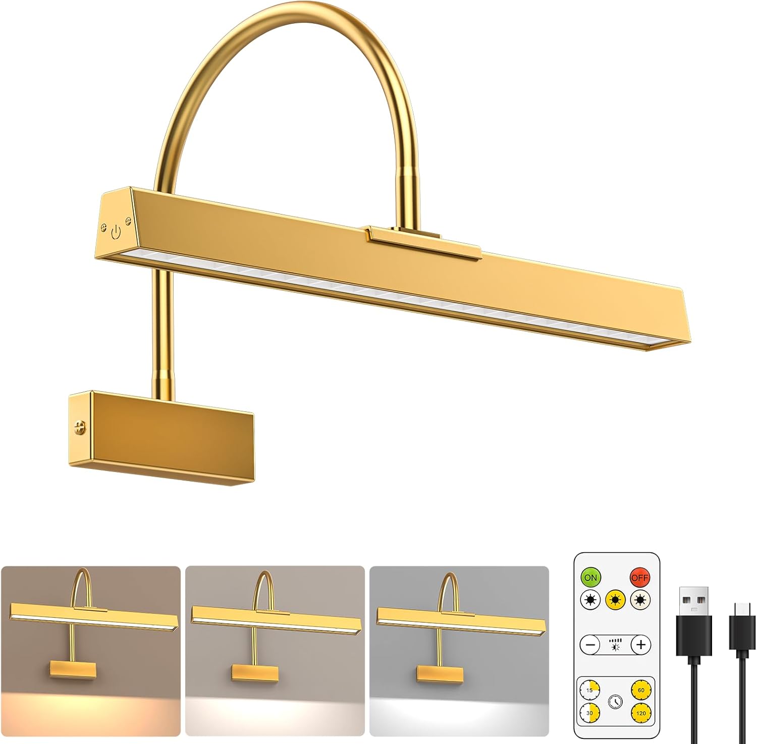 Picture Frame Light with Remote, Wireless 16 Inch Gold Art Light, Battery Picture Light with 3 CCT, Dimmable and Timer Wall Picture Lights for Painting, Wall, Gallery, Artwork, Frame