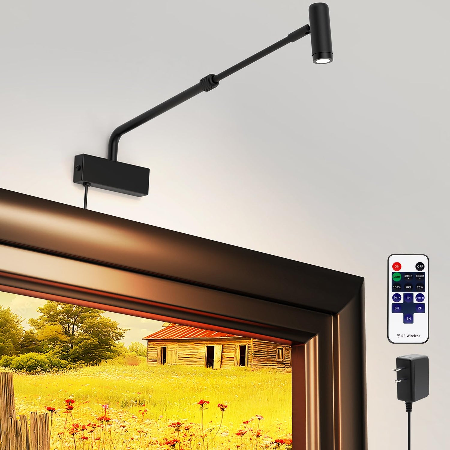 Picture Light for Wall with Retractable Arm, Rotatable Indoor Spotlight Plug in, Dimmable LED Picture Frame Light with Remote Control（2AAABattery Powered,Not Included）, Black Wall Light 2700K