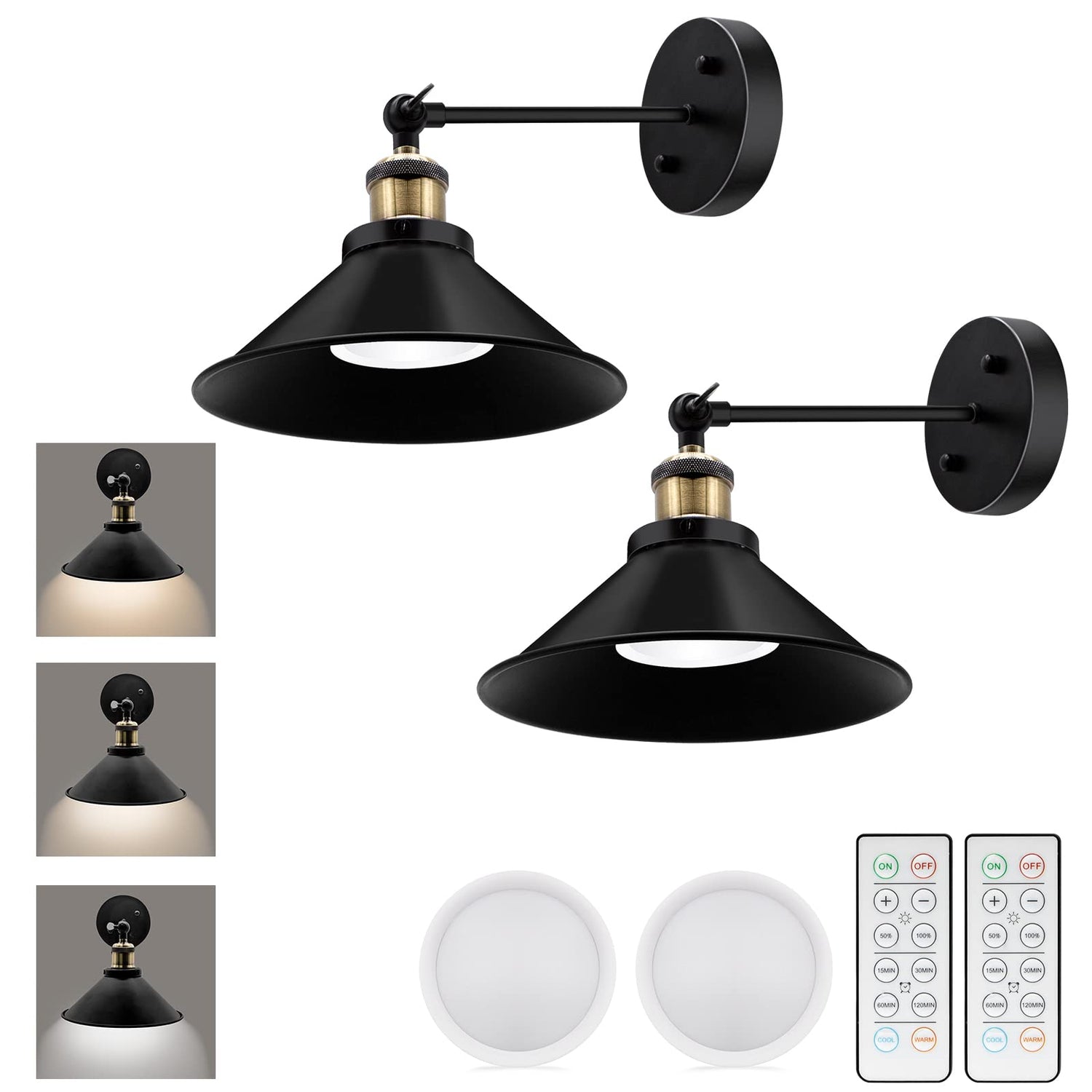 Black Battery Operated Wall Lights Set of 2 with Remote,Wireless Industrial Vintage LED Wall Sconce Lighting,Retro Rustic Wall Light Indoor for Bedroom Farmhouse Hallway Gallery Indoor [Energy Class E]