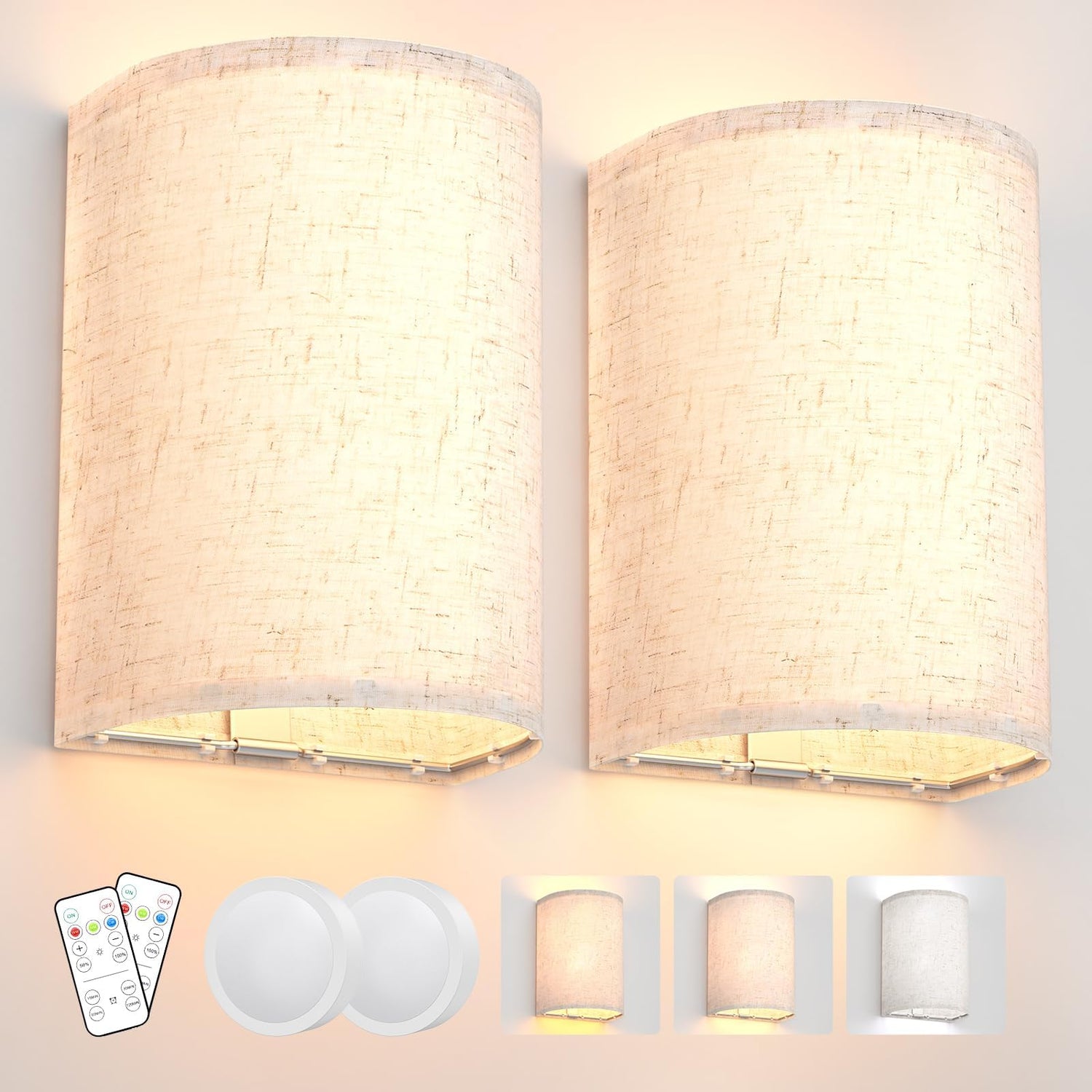 HUDYOGY Battery Operated Wall Lights,2 Pack Wall Light Decor with Remote Control,3 Colors Dimmable Fabric Shade Wall Lamps,Wireless Sconce Wall Lights for Farmhouse Sconces Wall Lighting 2700K-6000K