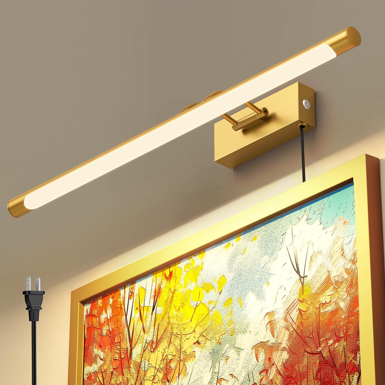 Plug in Picture Light for Wall LED Art Light with On/Off Switch, 3000K Warm White Brightness Adjustable Gallery Painting Lights for Picture Display Dartboard Art Work (Brush Gold, 24inch)