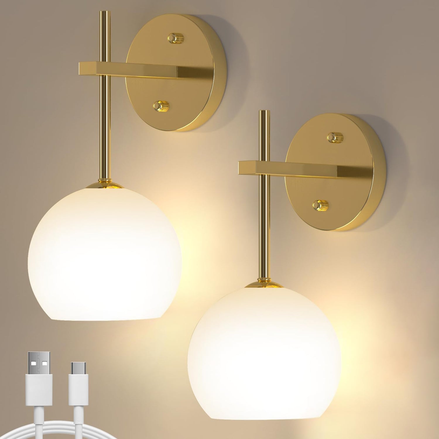 Gold Battery Rechargeable Wall Sconces Set of 2, Sconces Wall Lighting with Frosted Glass, Wireless LED Color Changing Wall Mounted Lights, Wall Lamps for Bedroom, Living Room, Staircase