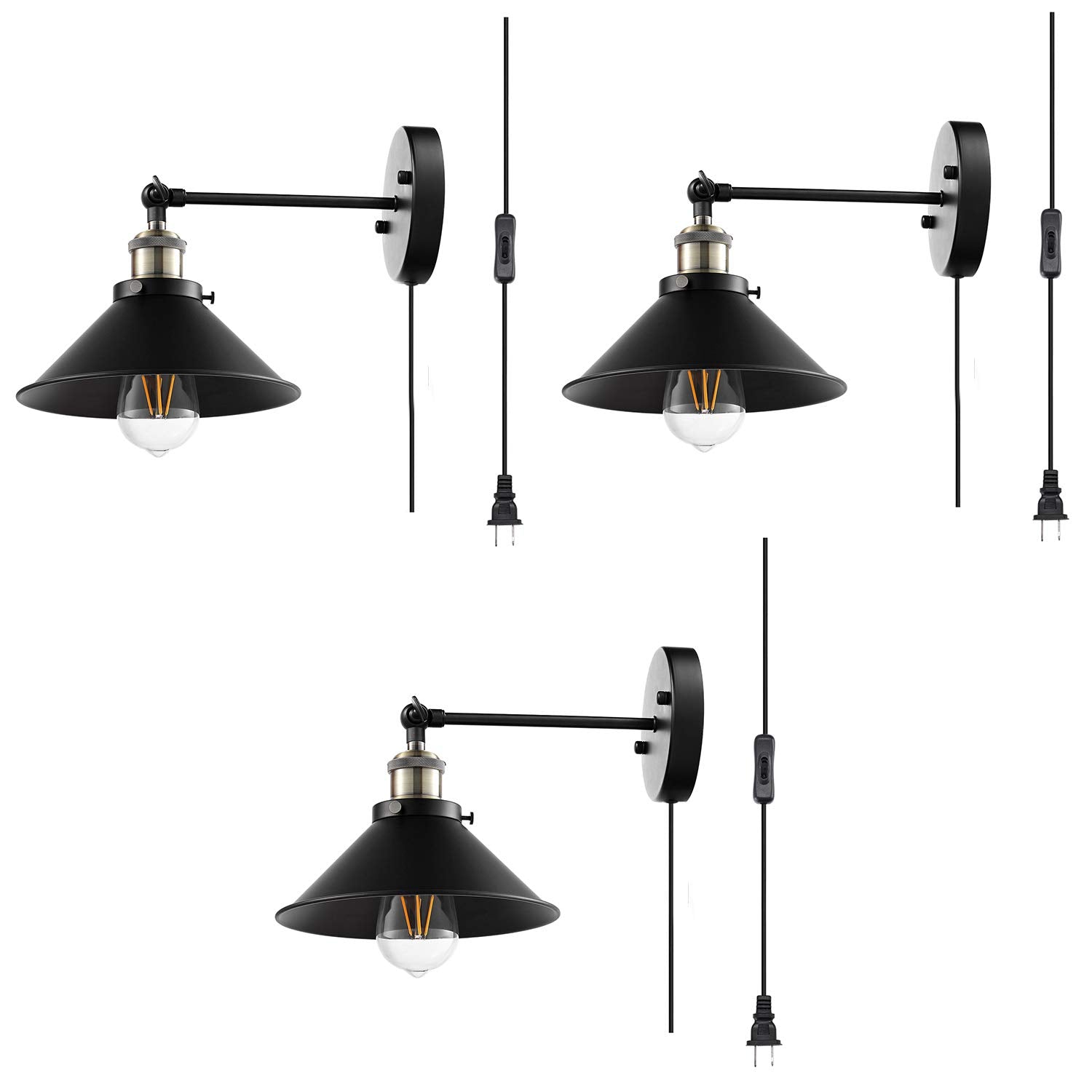 Plug in Wall Sconces Set of 3, Industrial Wall Lights with Swing Arm, Vintage Plug in Wall Lamps with Cord, Black Sconces Wall Lighting for Bedroom, Living Room(Bulbs NOT Included)