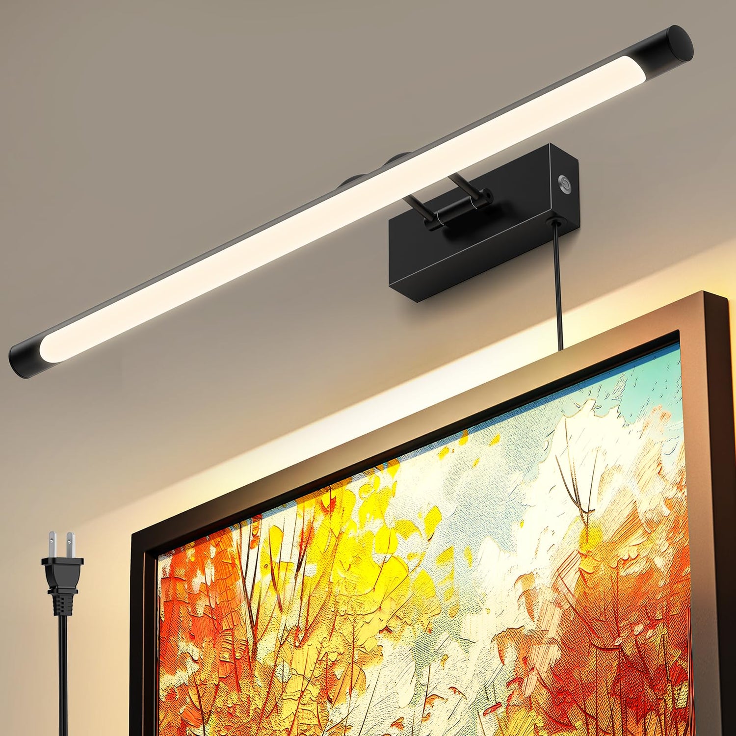 Plug in Picture Light for Wall LED Art Light with On/Off Switch, 3000K Warm White Brightness Adjustable Gallery Painting Lights for Picture Display Dartboard Art Work (Black, 24inch)