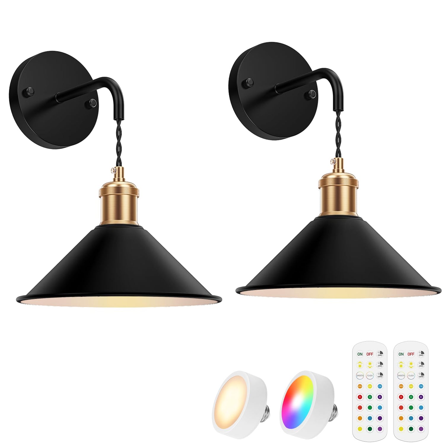 Battery Operated Wall Sconce Set of Two,Black Modern with Remote Control Dimmable Wall Lighting Indoor,Not Hardwired Led Wall Lamp Fixtures for Bedroom Living Room,3 Temperatures & 12 Color RGB
