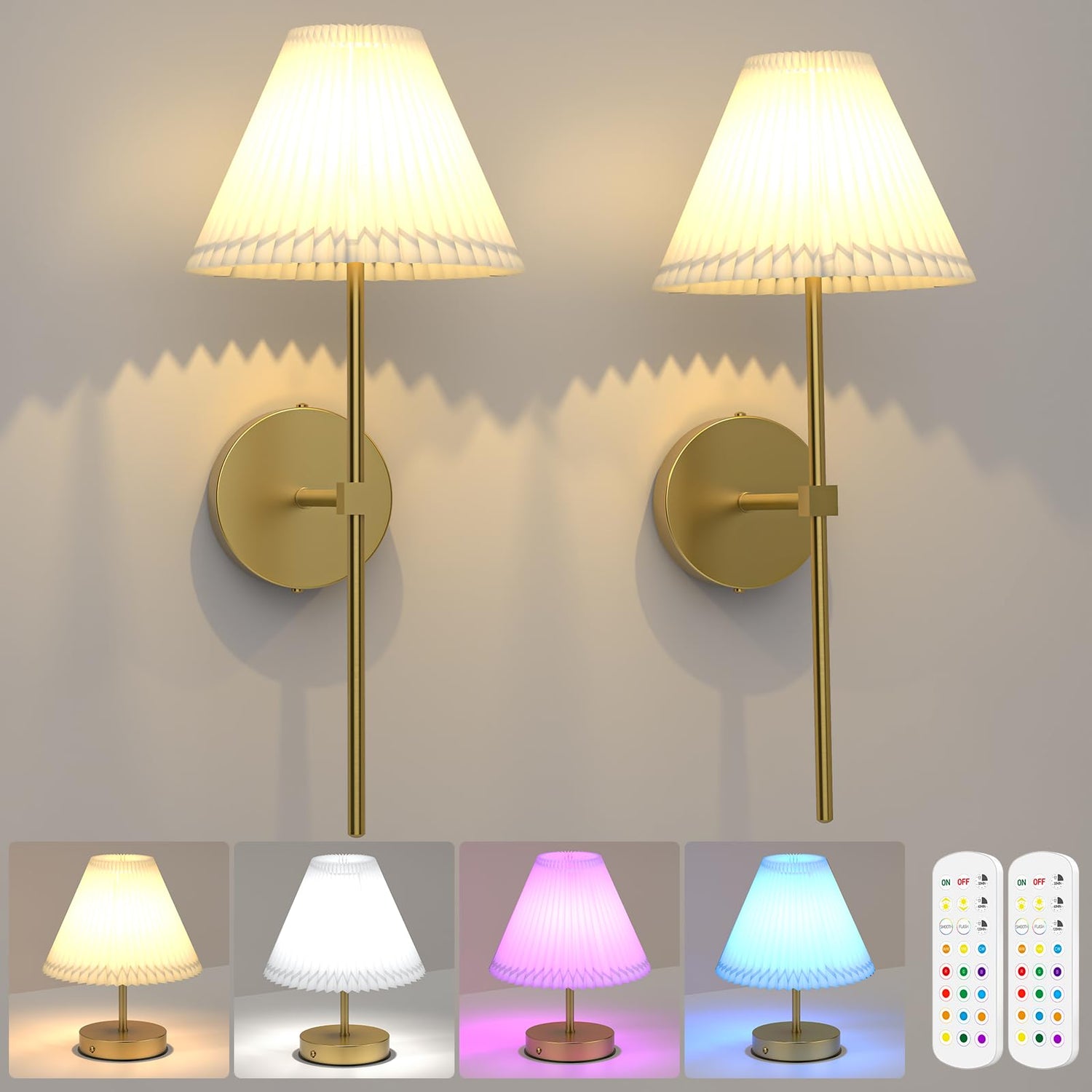 Rechargeable Wall Light, Battery Operated Wall Lights Indoor with Remote Control, LED Dimmable Wall Mounted Light,12RGB Colour Changing Wall Lamp,Wireless Gold Wall Lamps for Bedroom