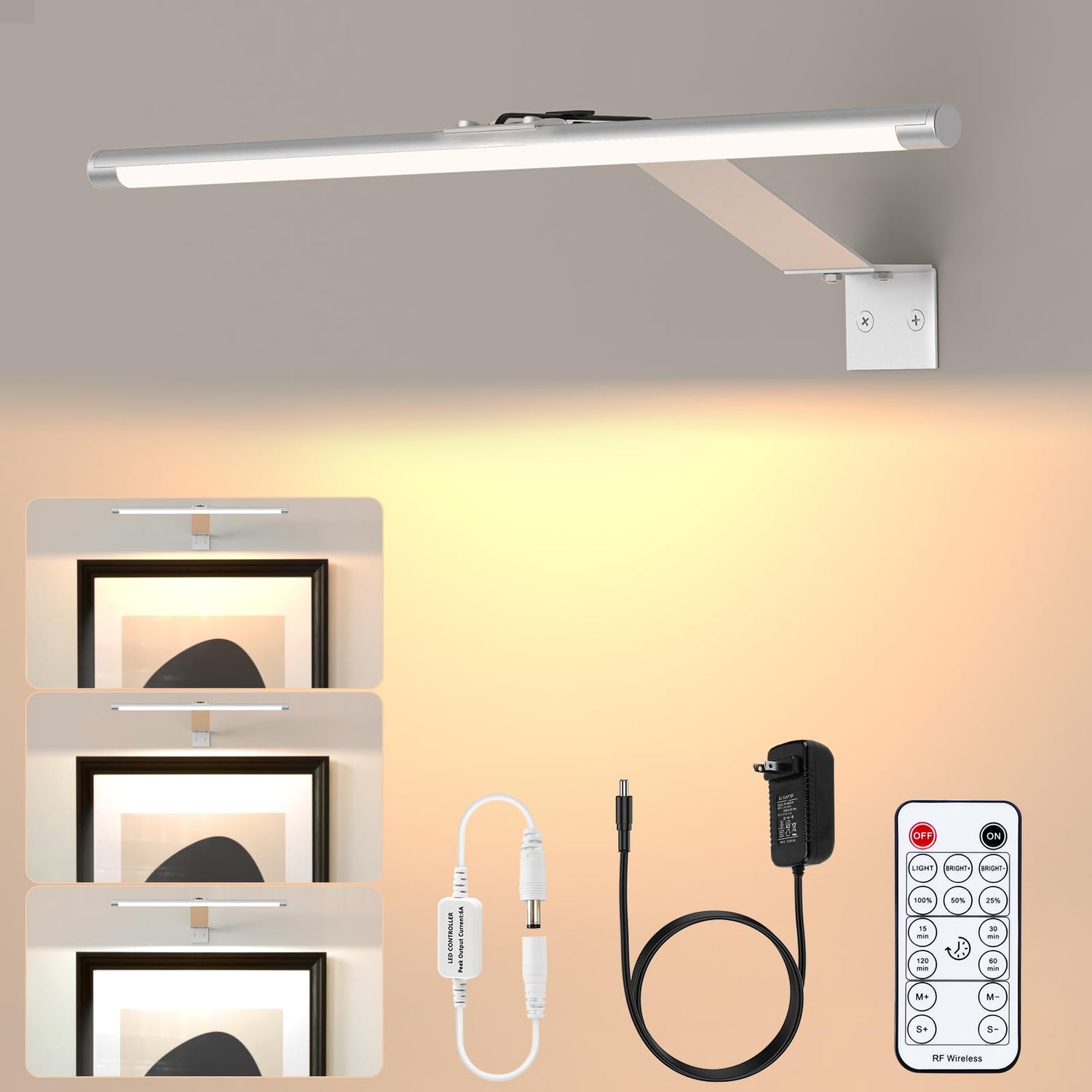 Picture Lights for Wall Plug in or Hardwired,3000K Warm White Dart Board Lights with Remote,12.5inches Silver LED Art Light Dimmbare mit Timer for Gallery Paintings Picture Dartboard