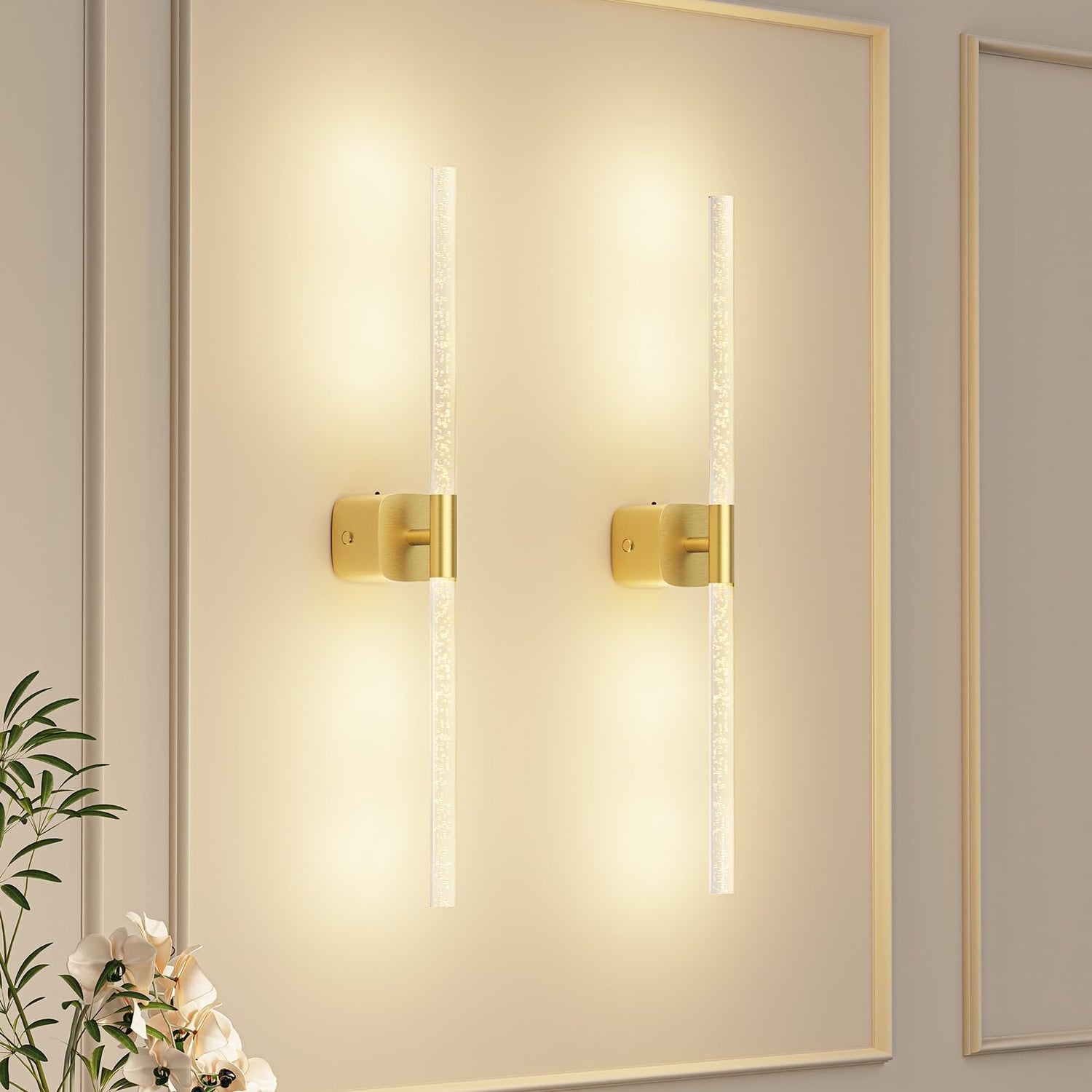 Gold Battery Operated Wall Sconce Set of 2, Rechargeable Wireless Wall Lights with Remote and Touch, 360° Rotatable Sconces Wall Decor for Bedroom Living Room (23.62 Inch, 2-Pack)