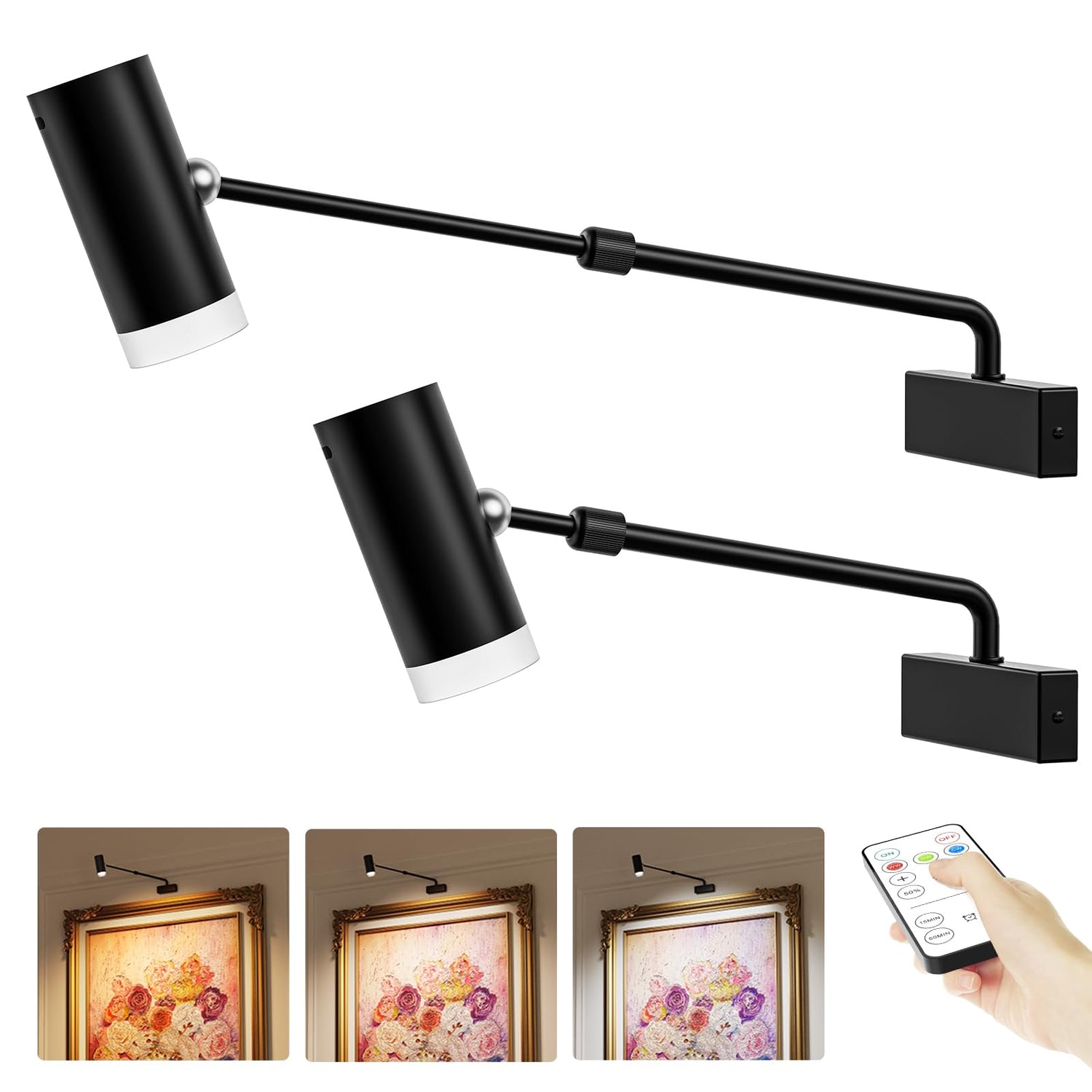 Battery Operated Picture Light, Adjustable Length Wireless Art Light for Paintings CCT Dimmable Rechargeable Picture Light with Remote Control for Gallery Reading Dartboard Bathroom 2PCS