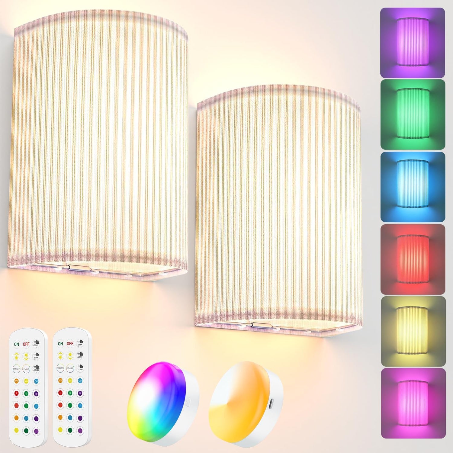 HUDYOGY LED Battery Wall Light Indoor Pack of 2, 15 RGB Colours, 3 Colours Temperature Dimmable Wireless Bedside Lamp, Piece Wall Lamp Battery Operated for Living Room, Bedroom, Stairs, Hallway