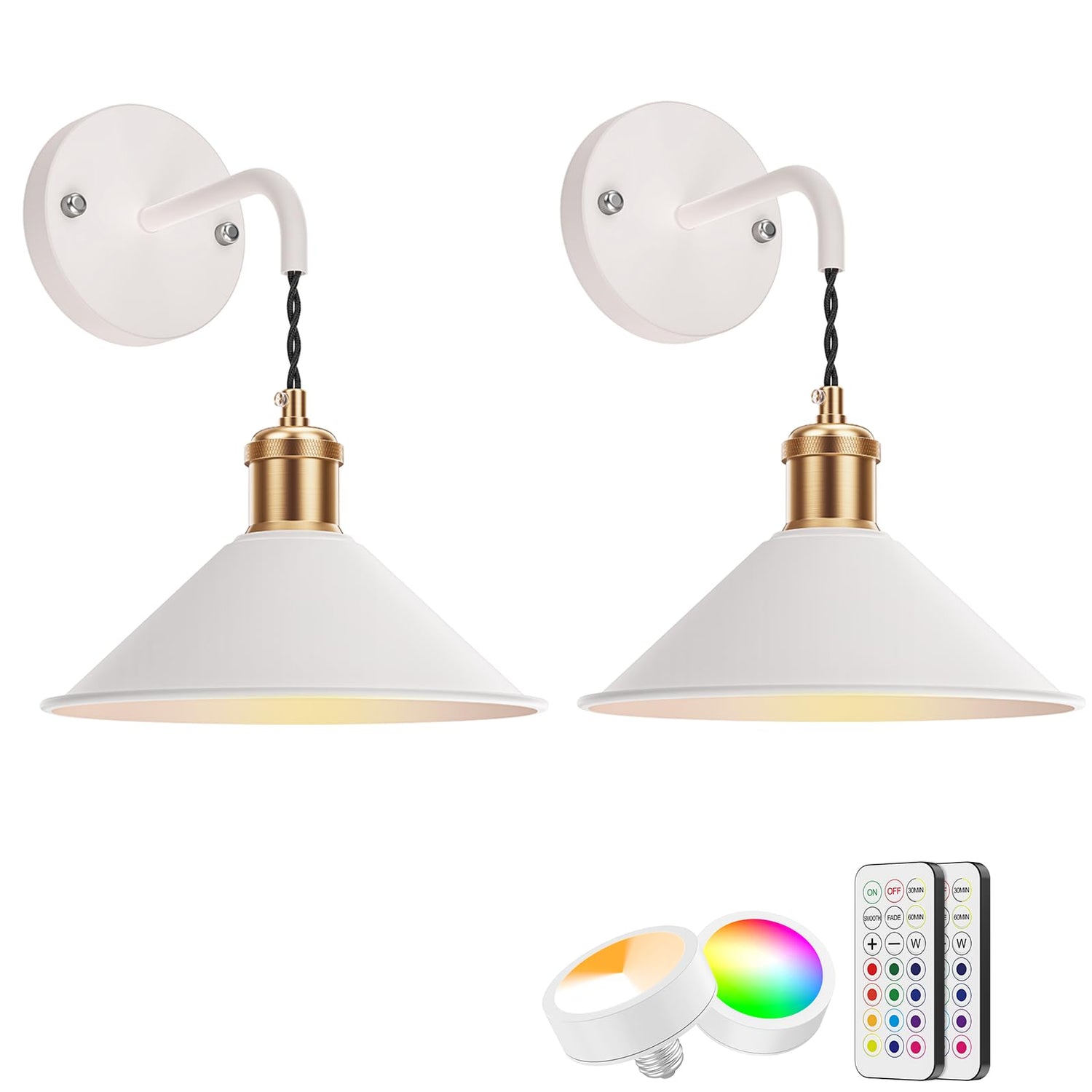 Battery Operated Wall Sconce Set of Two,Black Modern with Remote Control Dimmable Wall Lighting Indoor,Not Hardwired Led Wall Lamp Fixtures for Bedroom Living Room,3 Temperatures & 12 Color RGB