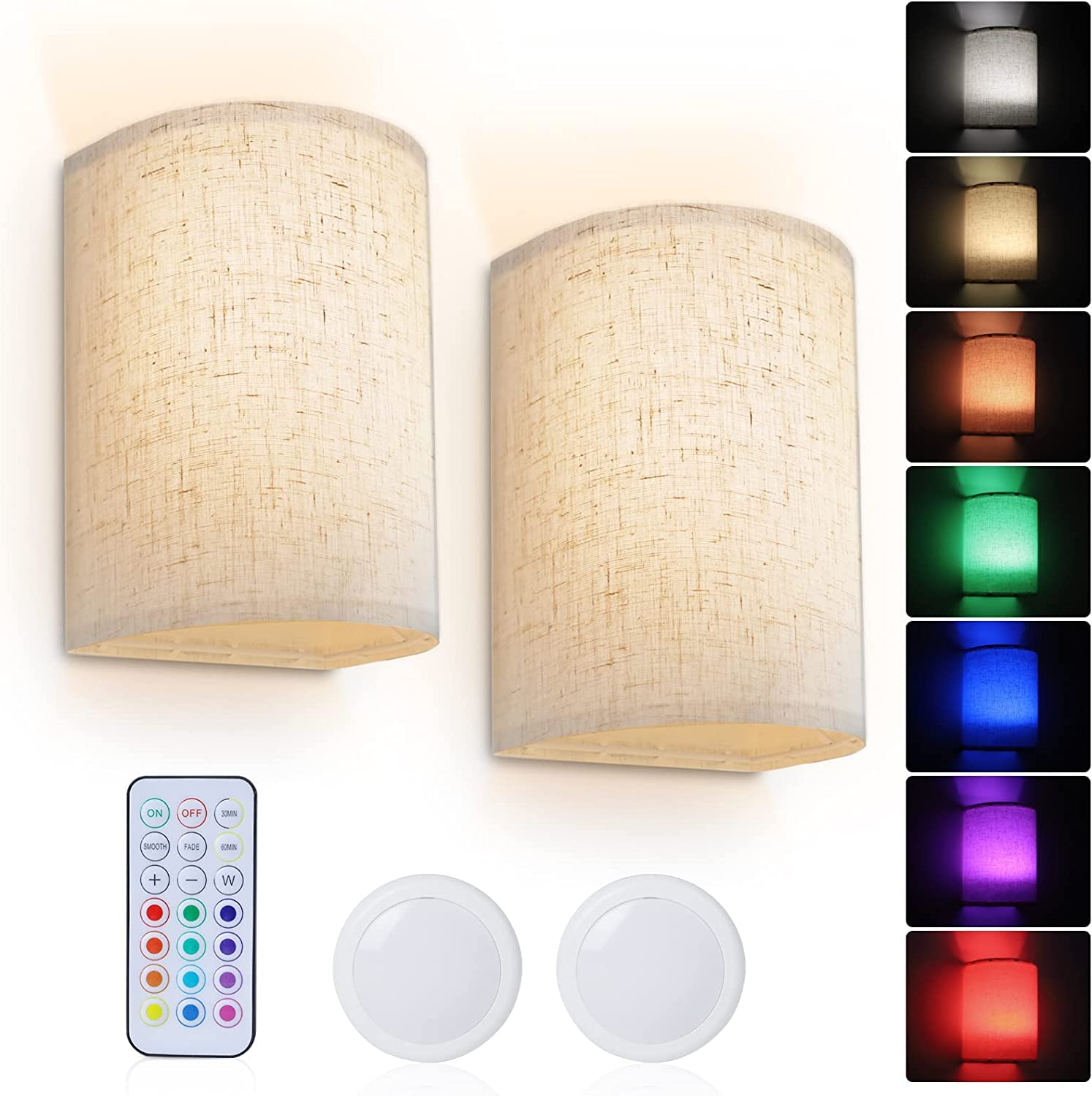 HUDYOGY Battery Operated Wall Lights Indoor with Remote, Wireless LED Wall Lights with Fabric Shade, 12 Colors + Day White Changeable Dimmable Wall Lamp for Living Room Bedroom Hallway (Battery NOT Include)