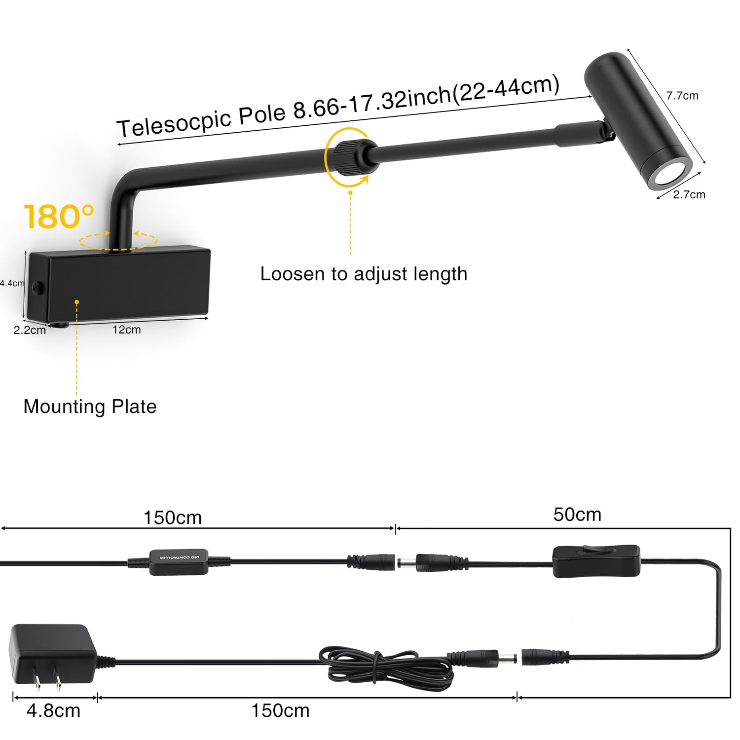 Picture Light for Wall with Retractable Arm, Rotatable Indoor Spotlight Plug in, Dimmable LED Picture Frame Light with Remote Control（2AAABattery Powered,Not Included）, Black Wall Light 2700K