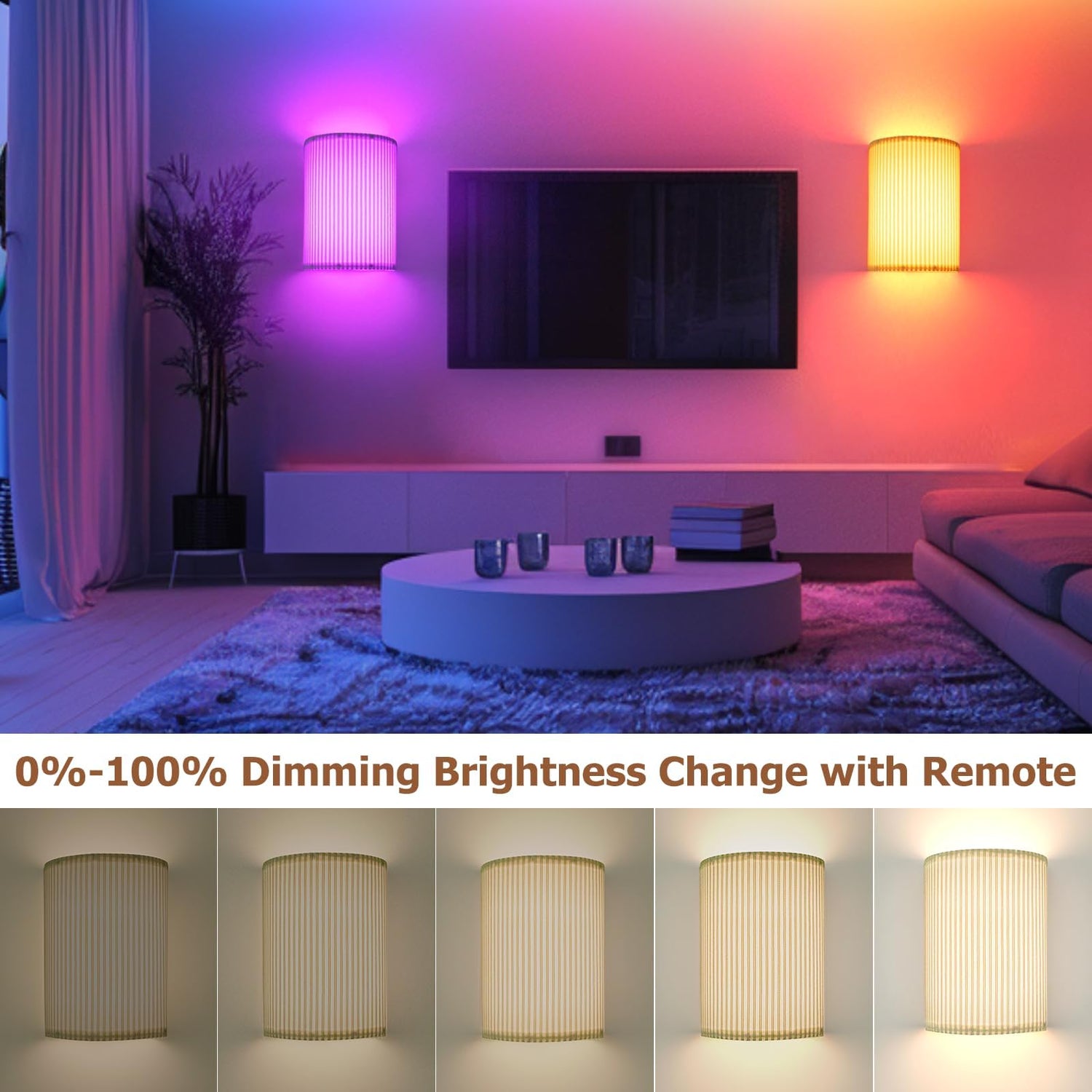 HUDYOGY LED Battery Wall Light Indoor Pack of 2, 15 RGB Colours, 3 Colours Temperature Dimmable Wireless Bedside Lamp, Piece Wall Lamp Battery Operated for Living Room, Bedroom, Stairs, Hallway