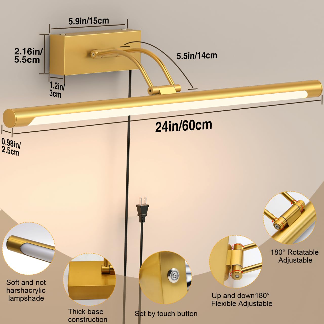 Plug in Picture Light for Wall LED Art Light with On/Off Switch, 3000K Warm White Brightness Adjustable Gallery Painting Lights for Picture Display Dartboard Art Work (Brush Gold, 24inch)