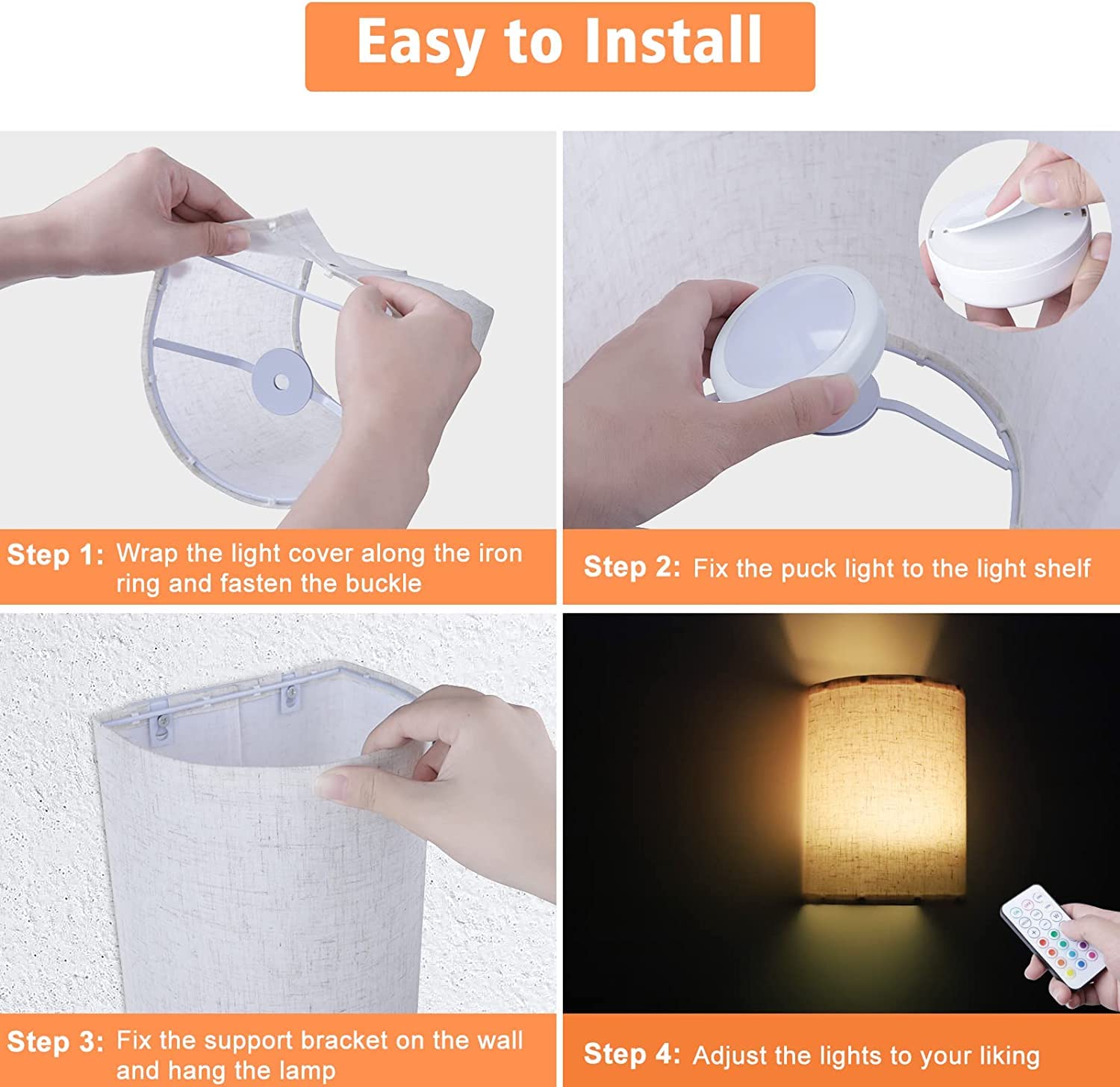 HUDYOGY Battery Operated Wall Lights Indoor with Remote, Wireless LED Wall Lights with Fabric Shade, 12 Colors + Day White Changeable Dimmable Wall Lamp for Living Room Bedroom Hallway (Battery NOT Include)