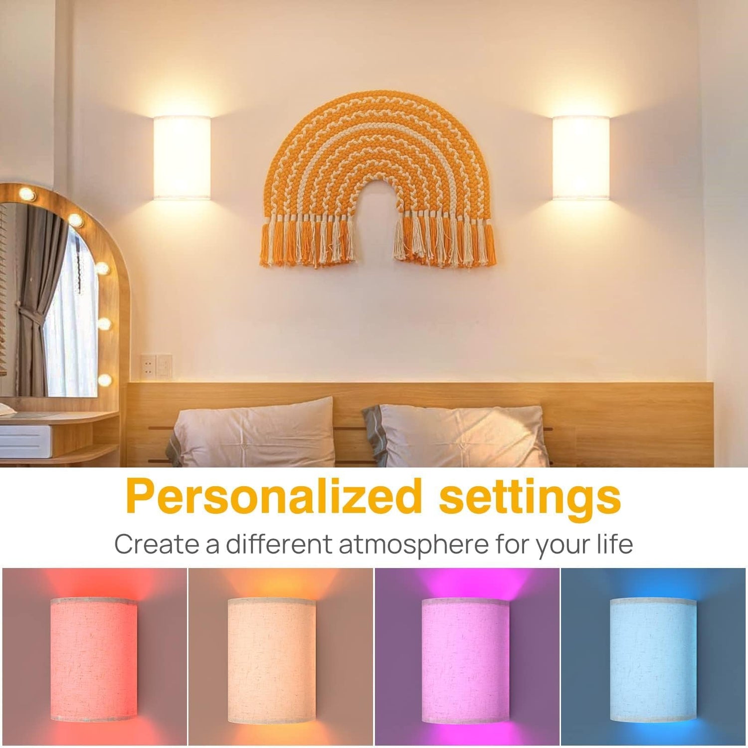 HUDYOGY Wall Lights Set of 2, Battery Operated Fabric Sconce with Remote, LED Lamps in RGB+Warm White, Dimmable Timer for Bedroom and Living Room Lighting