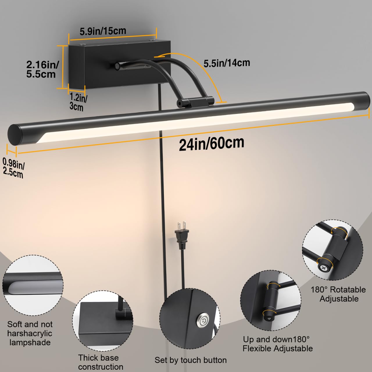 Plug in Picture Light for Wall LED Art Light with On/Off Switch, 3000K Warm White Brightness Adjustable Gallery Painting Lights for Picture Display Dartboard Art Work (Black, 24inch)