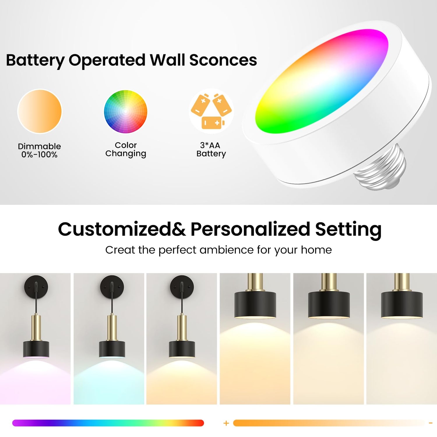 Set of 2 Battery Operated Wall Sconces - Dimmable RGB Indoor Wall Lamps with Remote - Perfect for Bedroom & Living Room