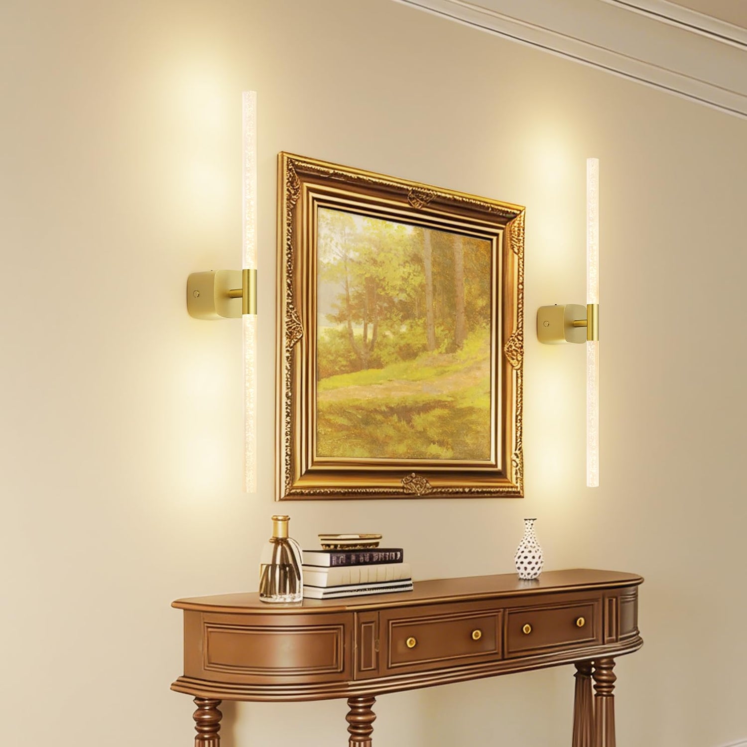 Gold Battery Operated Wall Sconce Set of 2, Rechargeable Wireless Wall Lights with Remote and Touch, 360° Rotatable Sconces Wall Decor for Bedroom Living Room (23.62 Inch, 2-Pack)