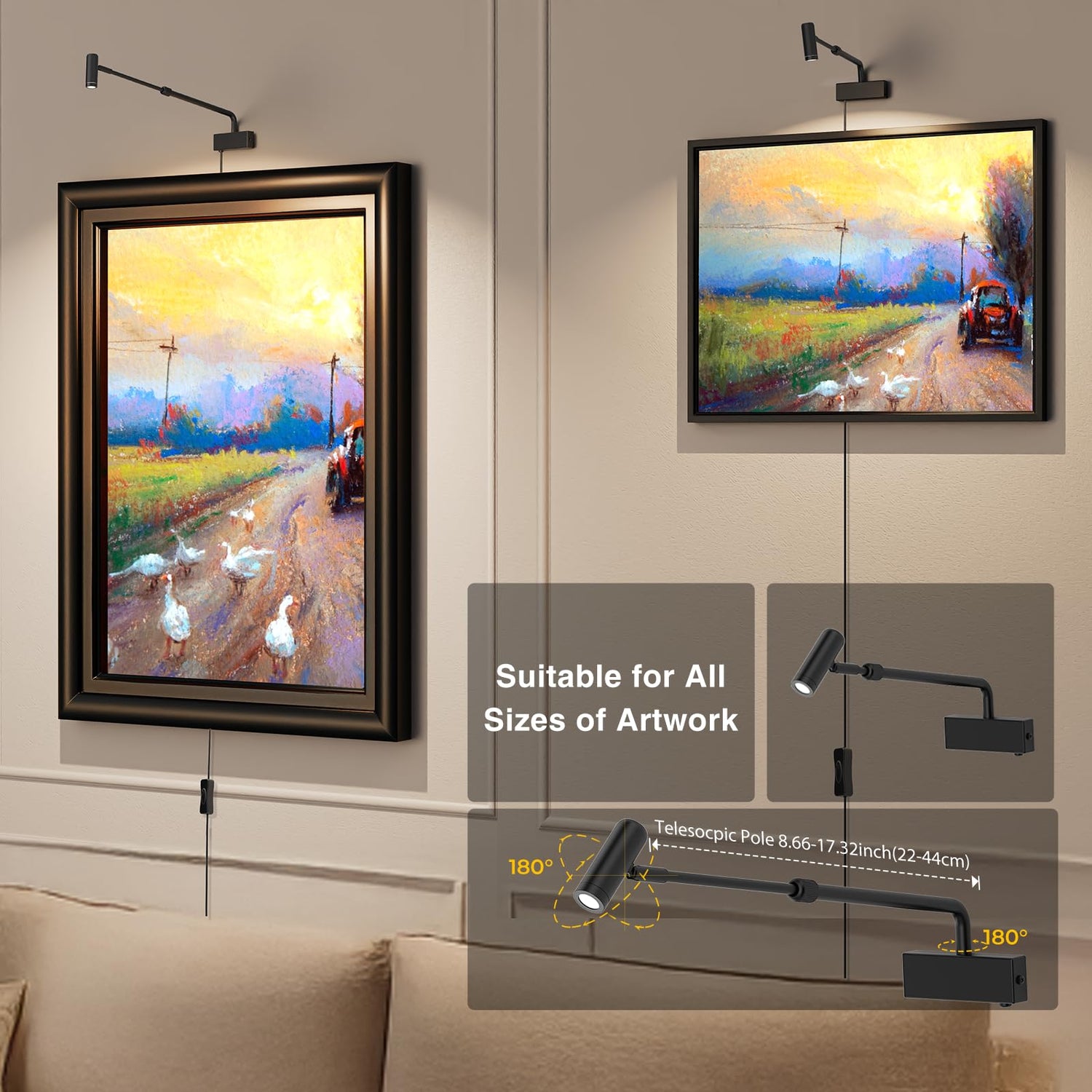 Picture Light for Wall with Retractable Arm, Rotatable Indoor Spotlight Plug in, Dimmable LED Picture Frame Light with Remote Control（2AAABattery Powered,Not Included）, Black Wall Light 2700K
