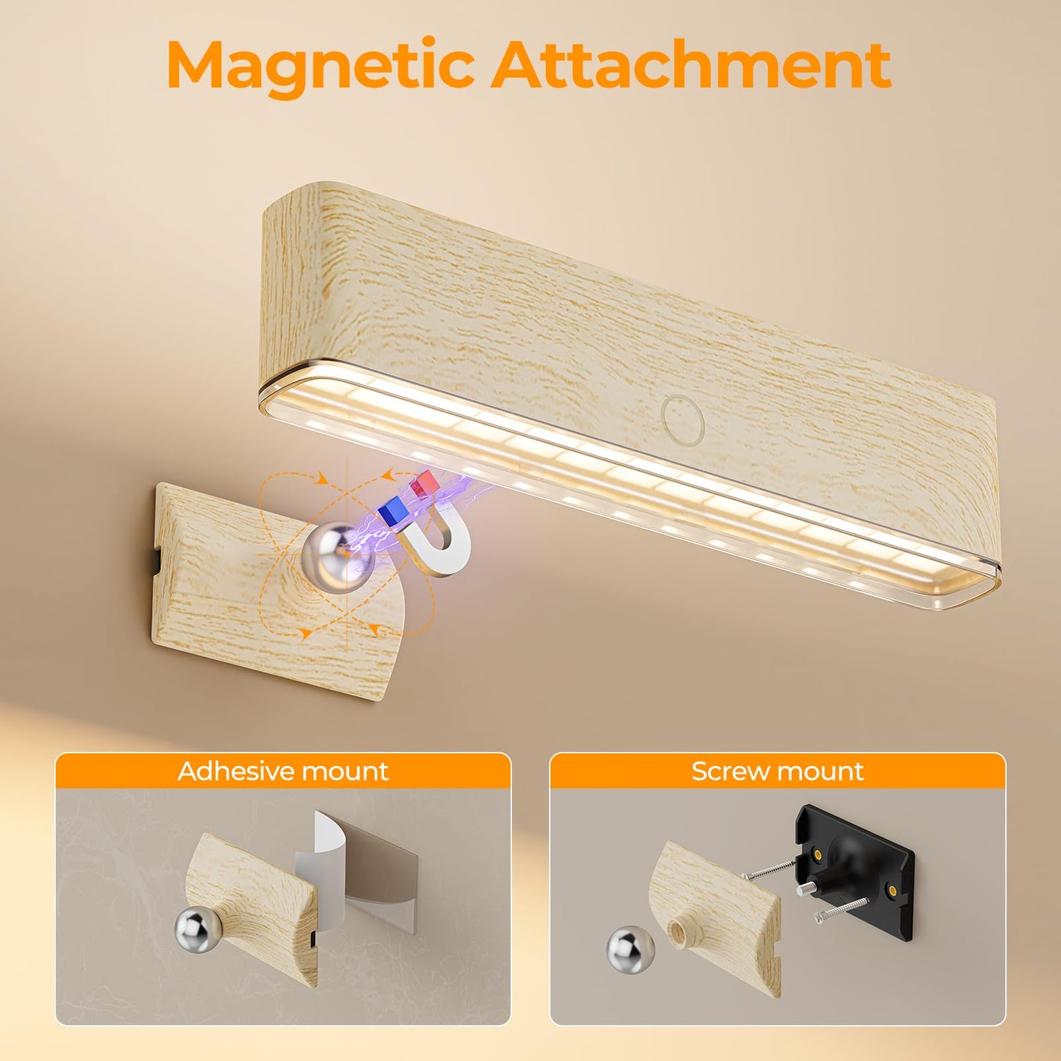 Magnetic Wireless Battery Operated Wall Sconce, Rechargeable Remote Control & Touch Control Wall Sconces Set of Two, 3-Color Temperatures LED Wall Lights, 360° Rotatable (Beech, 2-Pack)