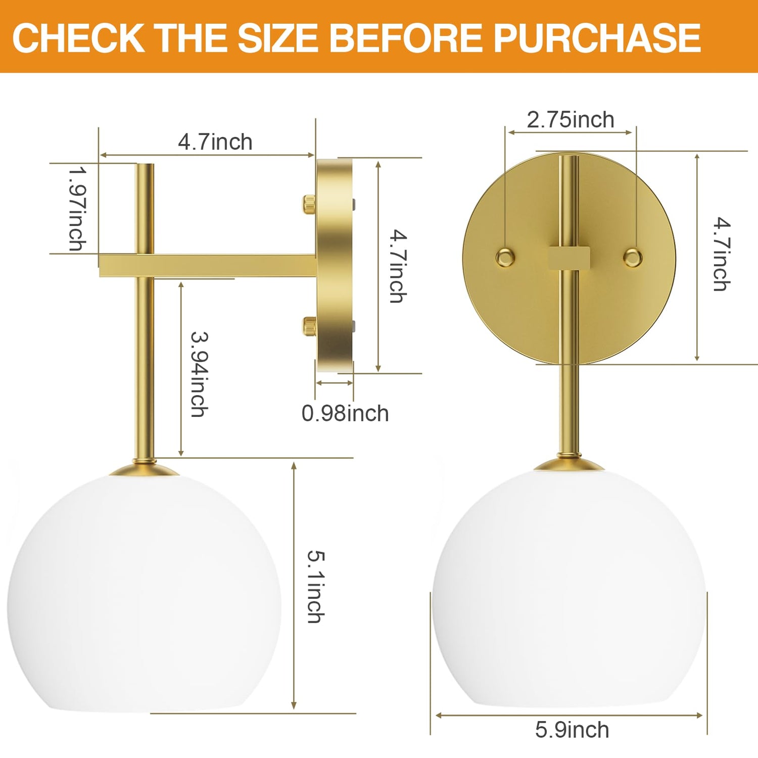 Gold Battery Rechargeable Wall Sconces Set of 2, Sconces Wall Lighting with Frosted Glass, Wireless LED Color Changing Wall Mounted Lights, Wall Lamps for Bedroom, Living Room, Staircase
