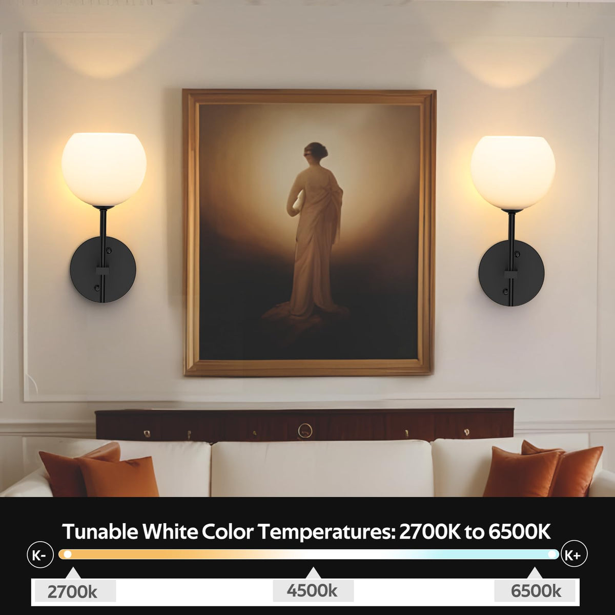 Rechargeable Frosted Glass Wall Sconce, beside framed art, 2700K to 6500K – HUDYOGY