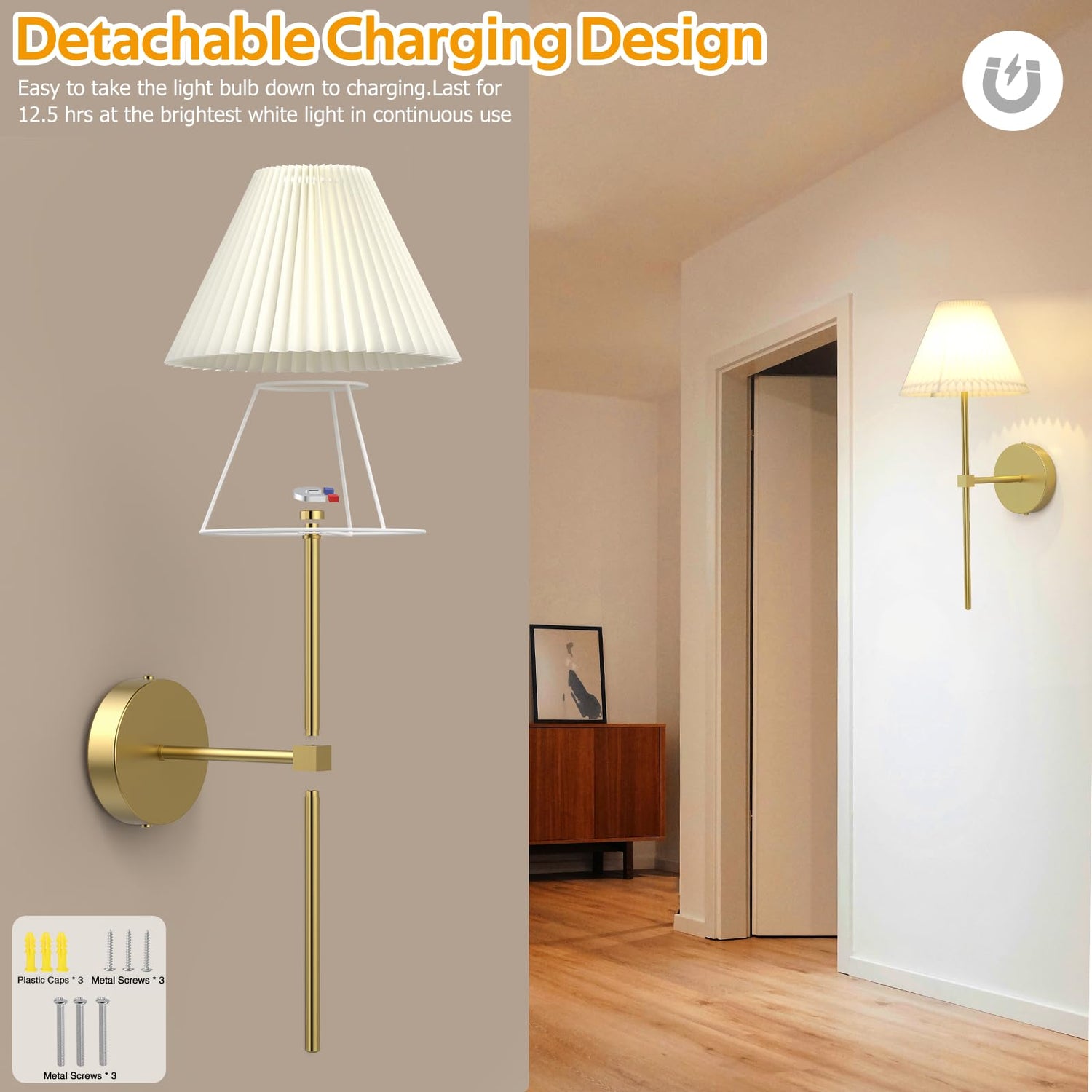 Rechargeable Wall Light, Battery Operated Wall Lights Indoor with Remote Control, LED Dimmable Wall Mounted Light,12RGB Colour Changing Wall Lamp,Wireless Gold Wall Lamps for Bedroom
